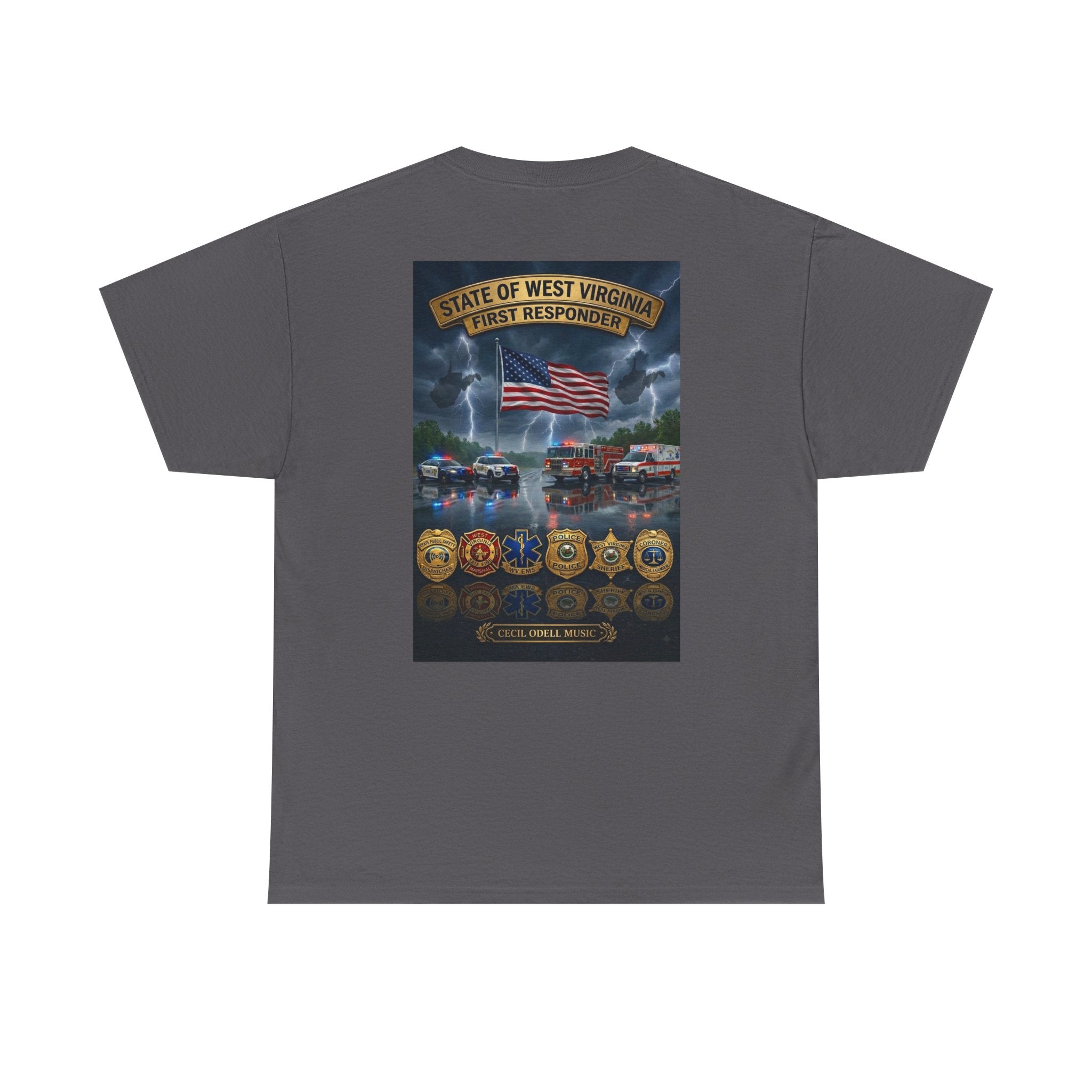 West Virginia First Responders Tribute Tee: State Emblem & American Flag Memorial Shirt