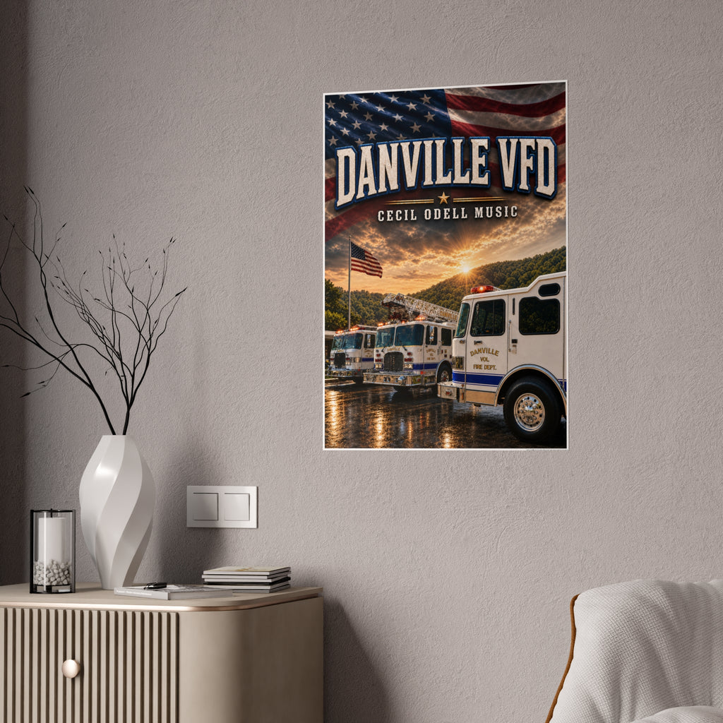 Danville VFD Fire Truck Gloss Poster: American Flag Memorial Wall Art
