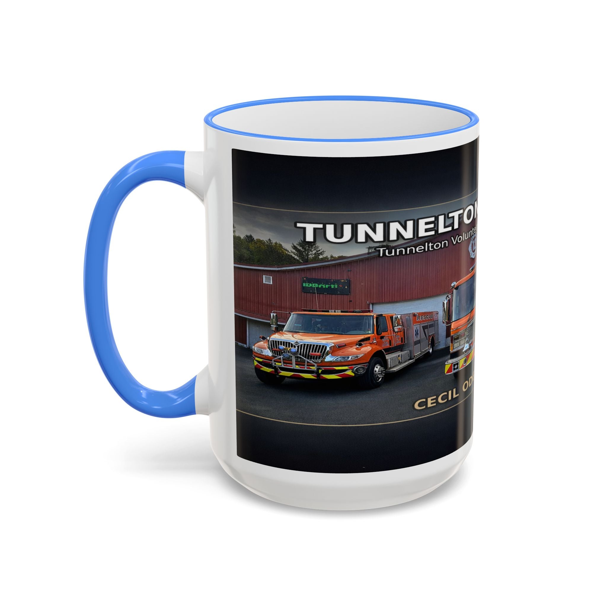 Fire Truck Photo Accent Rim Mug: "Cecil Odell Music" Volunteer Fire Department Tribute (11oz/15oz)