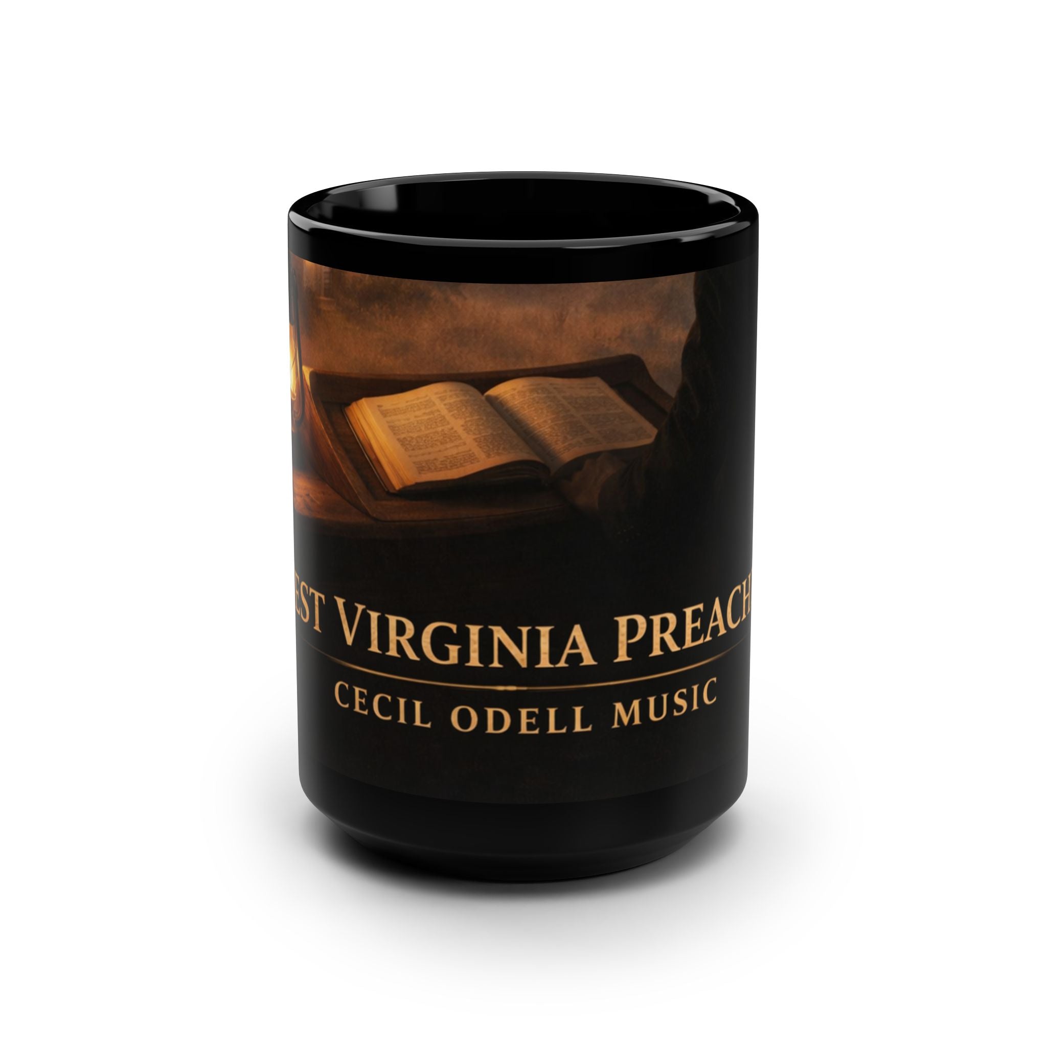 Black 15oz Ceramic Mug — West Virginia Preacher Design with Open Bible & Gold Text
