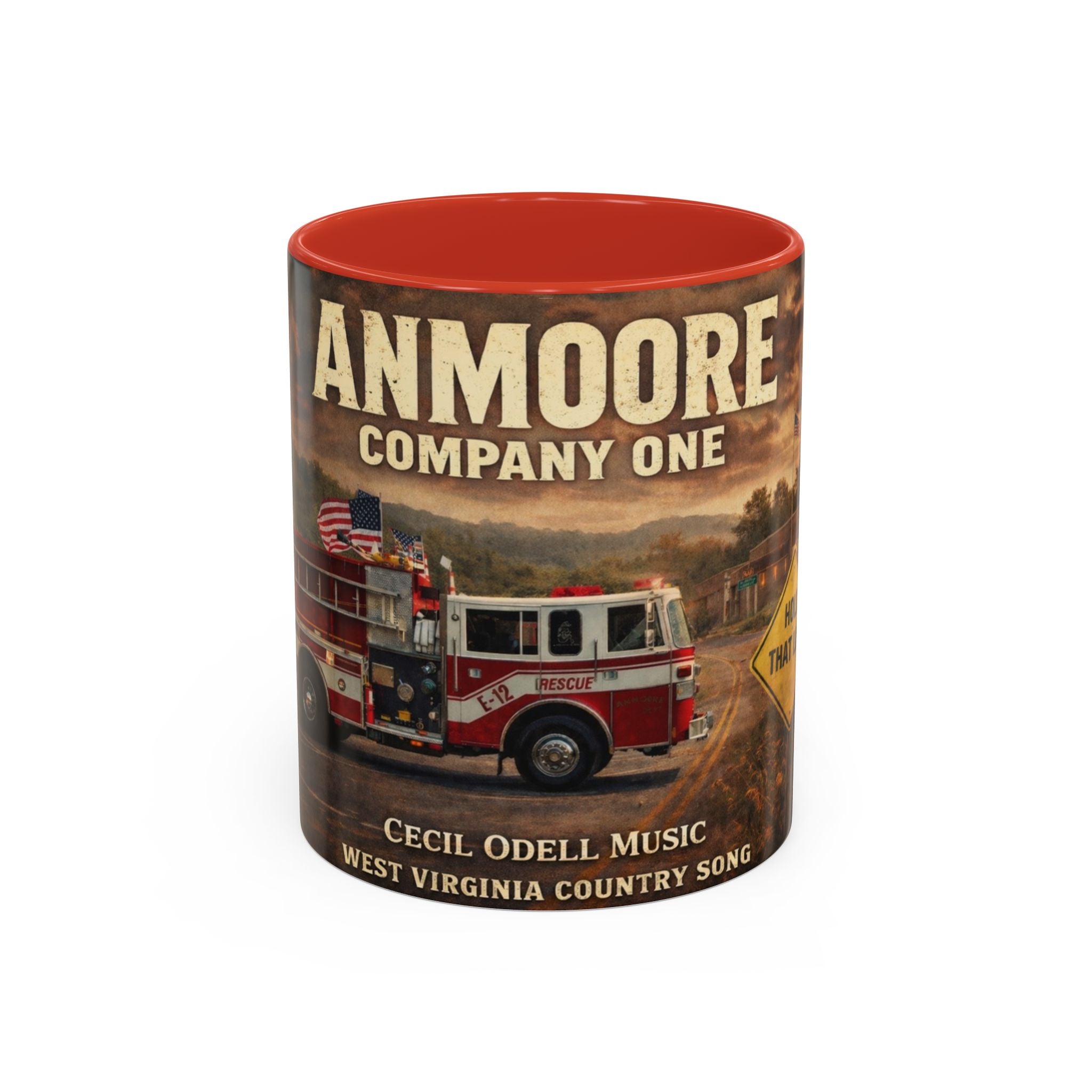 Anmoore Company One Firetruck Accent Coffee Mug – 'Hold That Line' West Virginia Country Music Tribute