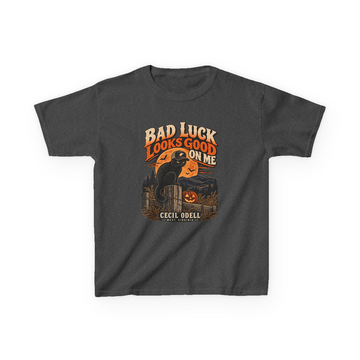 Bad Luck Looks Good on Me Kids Halloween Tee | Cecil Odell