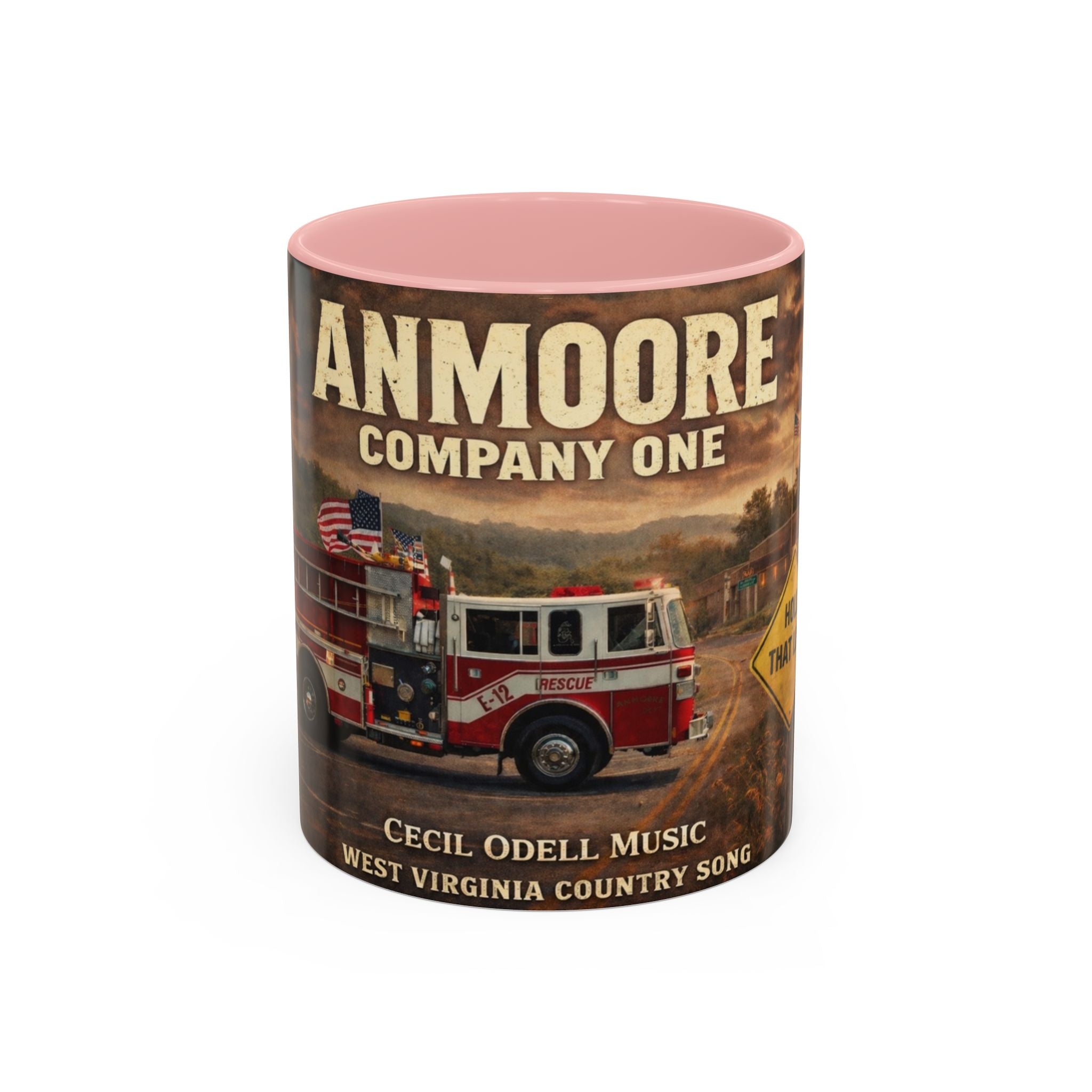 Anmoore Company One Firetruck Accent Coffee Mug – 'Hold That Line' West Virginia Country Music Tribute