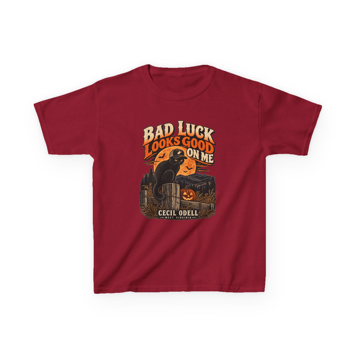 Bad Luck Looks Good on Me Kids Halloween Tee | Cecil Odell
