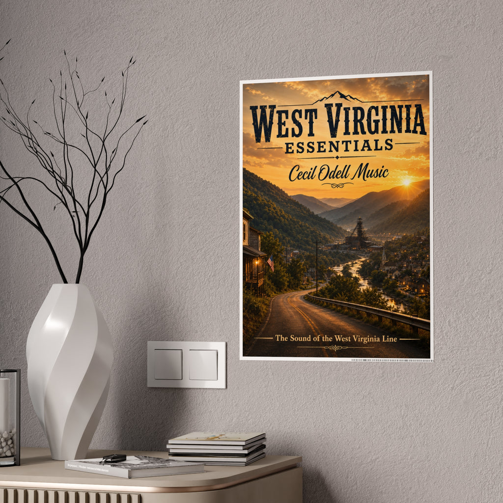 West Virginia Essentials Vintage Sunset Poster — Cecil Odell Music Scenic Wall Art