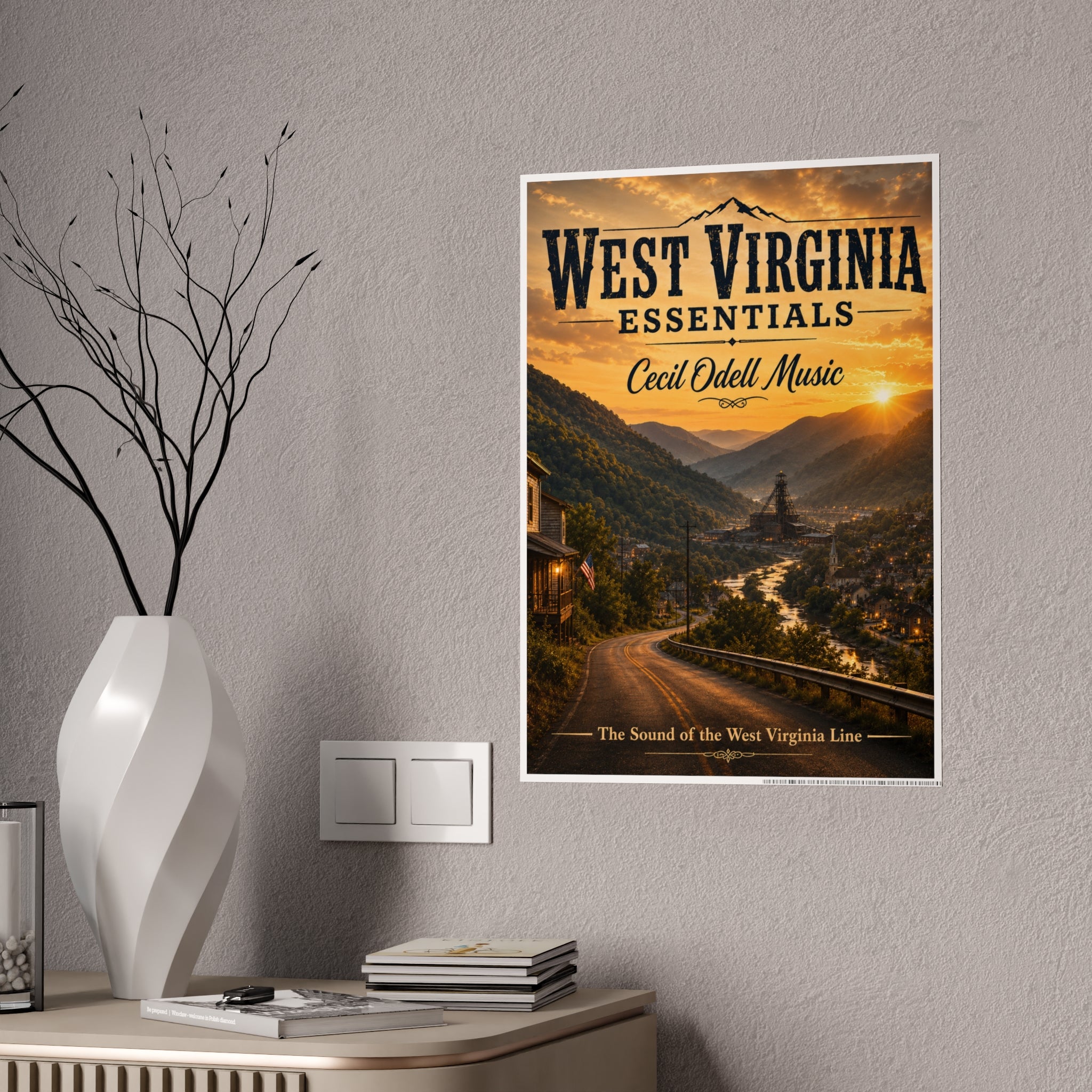 West Virginia Essentials Vintage Sunset Poster — Cecil Odell Music Scenic Wall Art