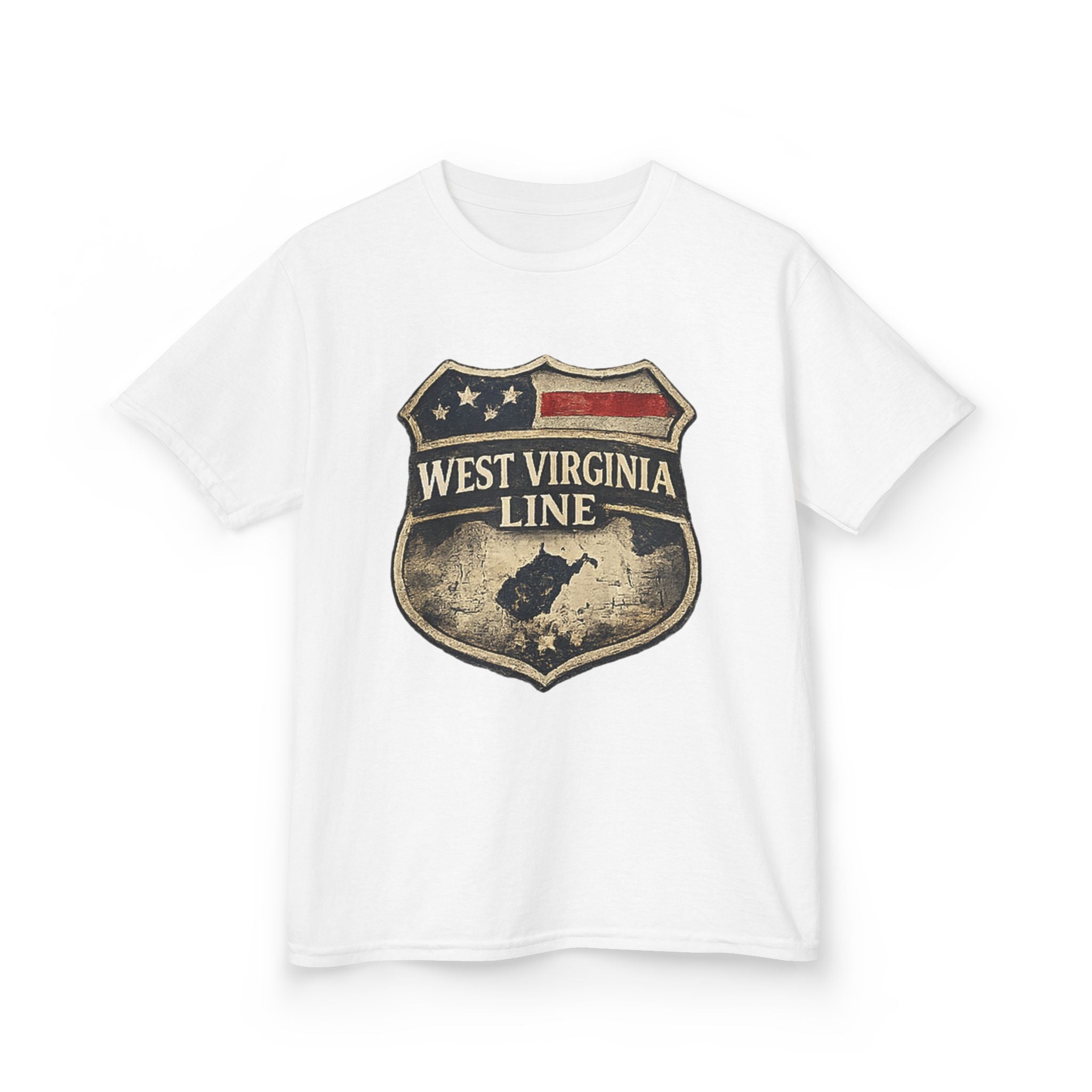 Kids T‑Shirt: Vintage West Virginia Line Badge with Eagle & American Flag