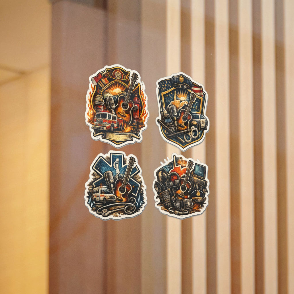 Music Roadtrip Die-Cut Sticker Pack: Vintage Guitar & Travel Icons (Set of 4)