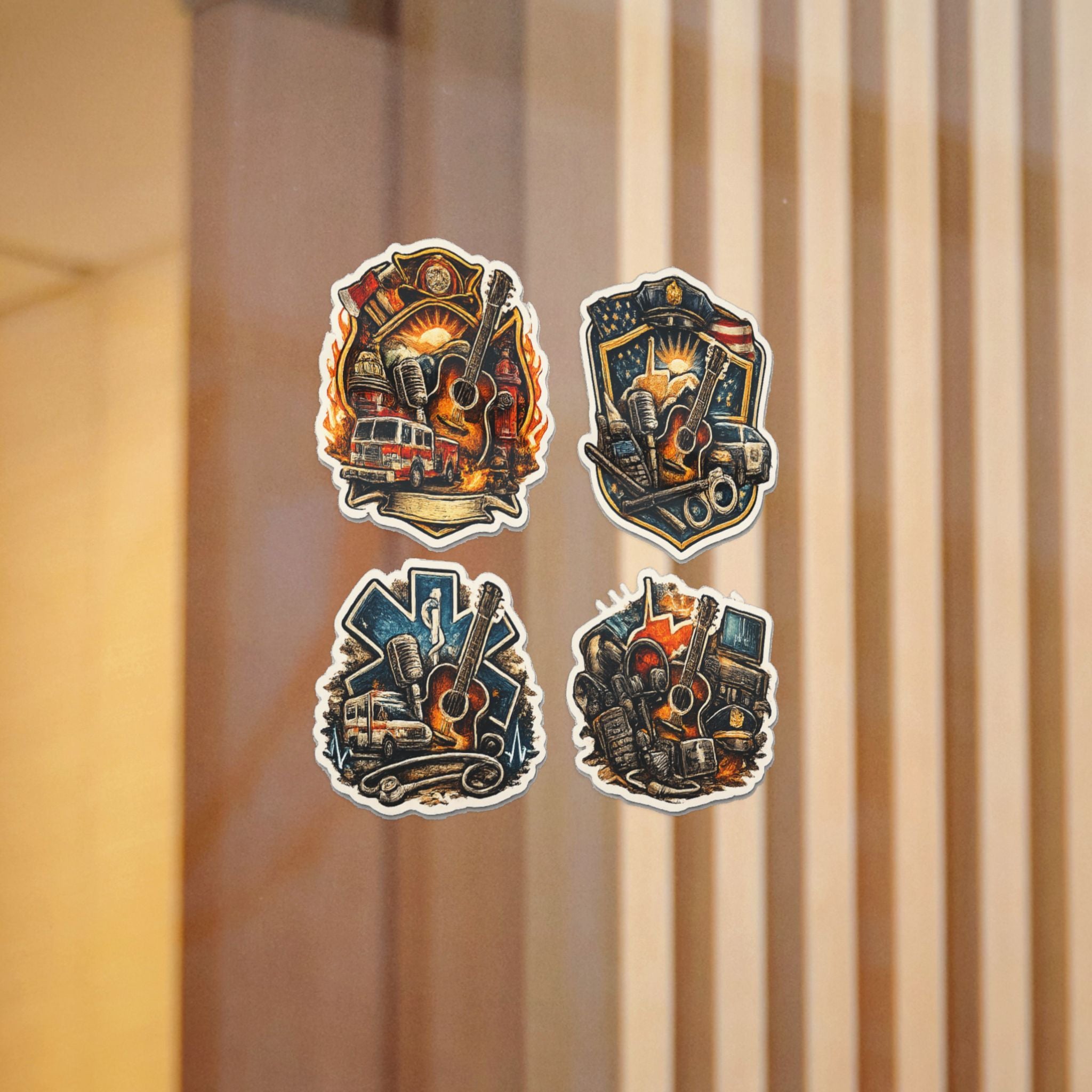 Music Roadtrip Die-Cut Sticker Pack: Vintage Guitar & Travel Icons (Set of 4)