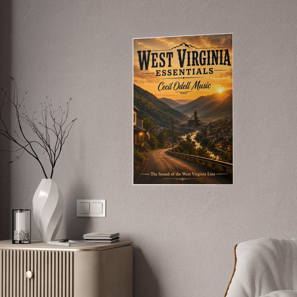 West Virginia Essentials Vintage Sunset Poster — Cecil Odell Music Scenic Wall Art