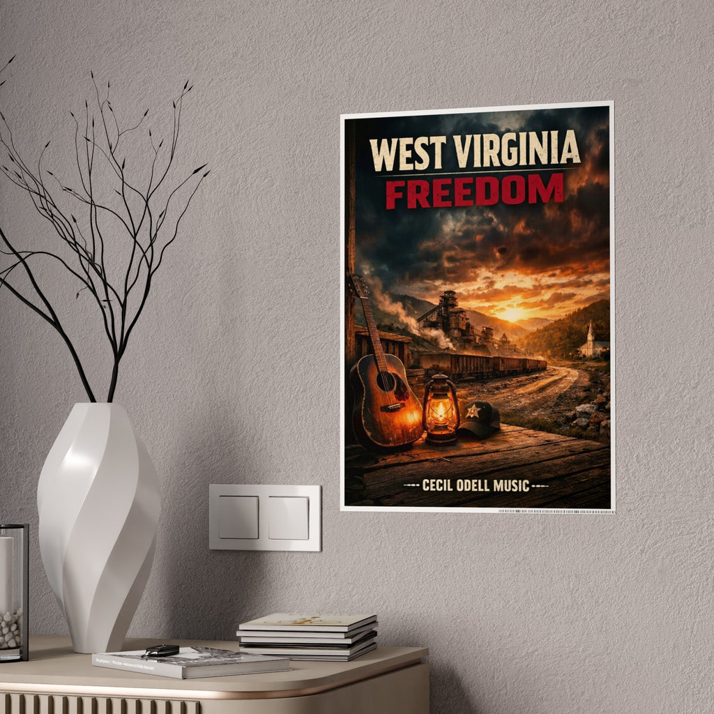West Virginia Freedom Poster: Rustic Music & Mountain Landscape Print