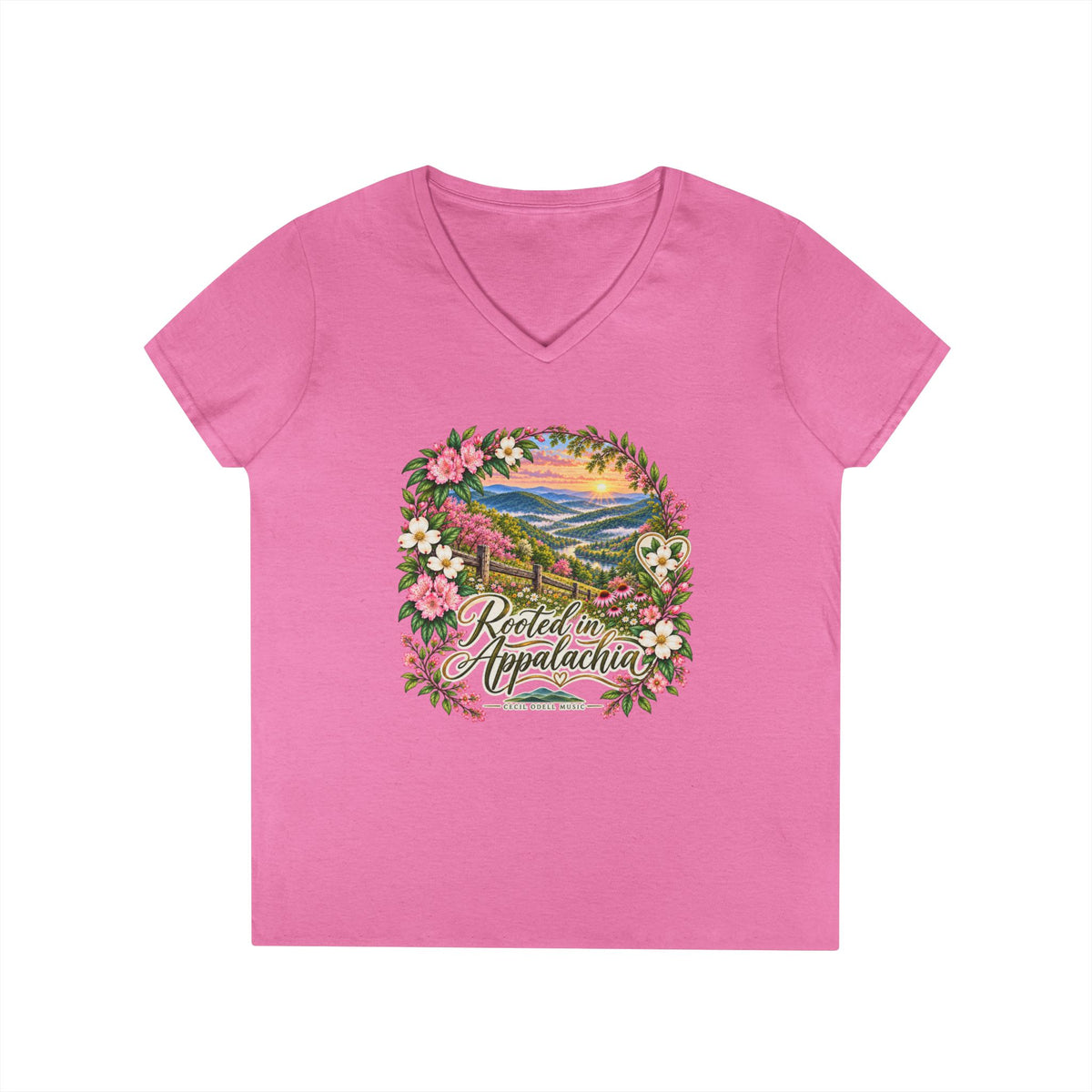 Rooted in Appalachia V-Neck T-Shirt — Scenic Mountain Floral Graphic
