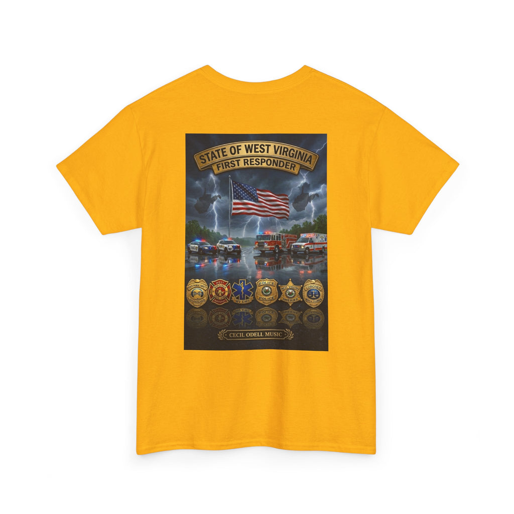 West Virginia First Responders Tribute Tee: State Emblem & American Flag Memorial Shirt