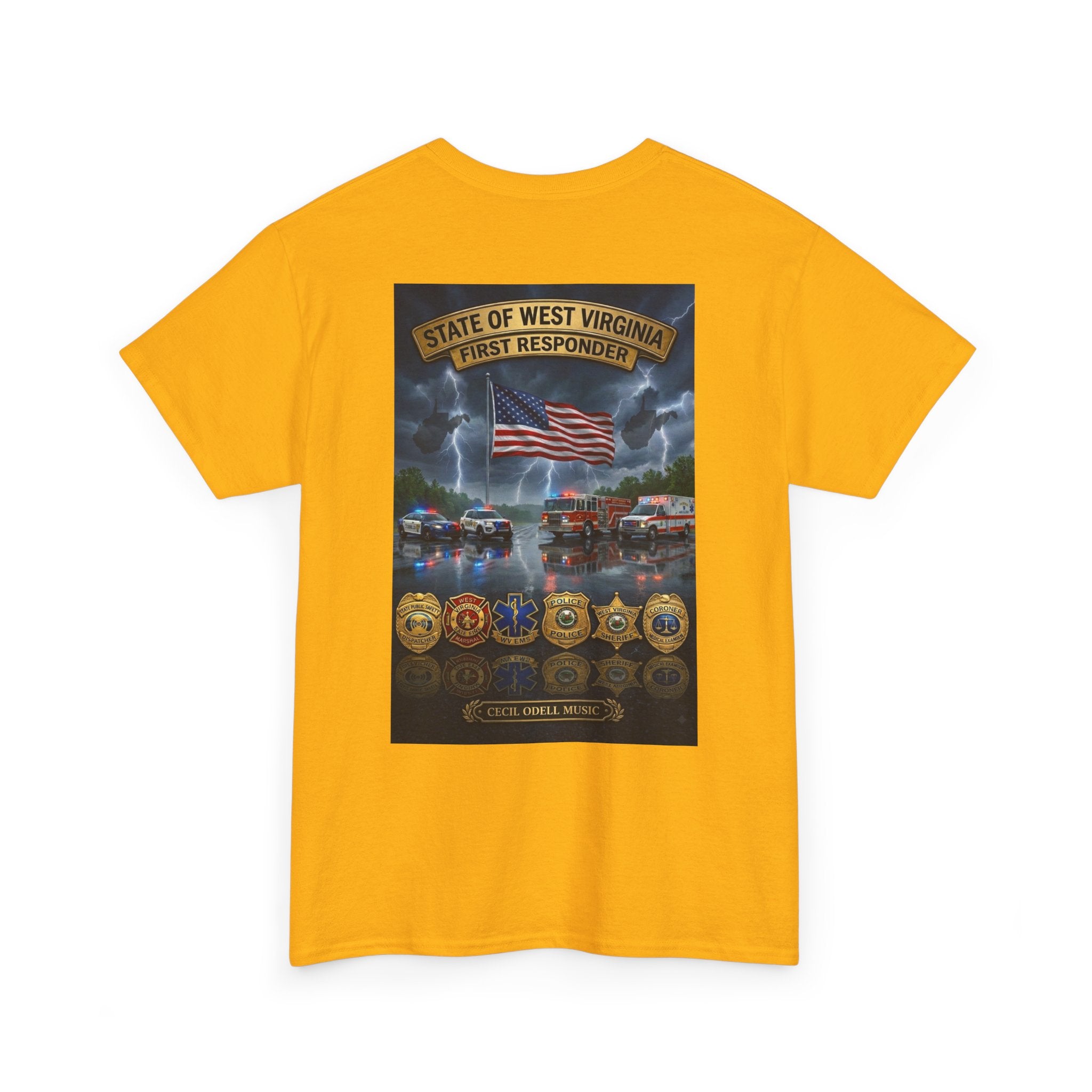 West Virginia First Responders Tribute Tee: State Emblem & American Flag Memorial Shirt