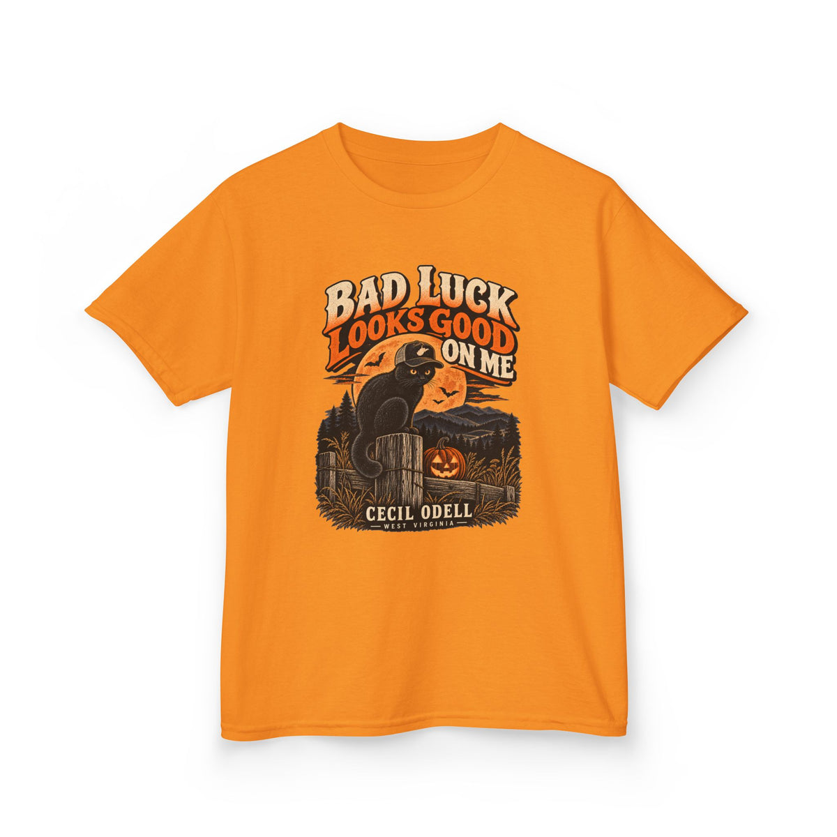 Bad Luck Looks Good on Me Kids Halloween Tee | Cecil Odell
