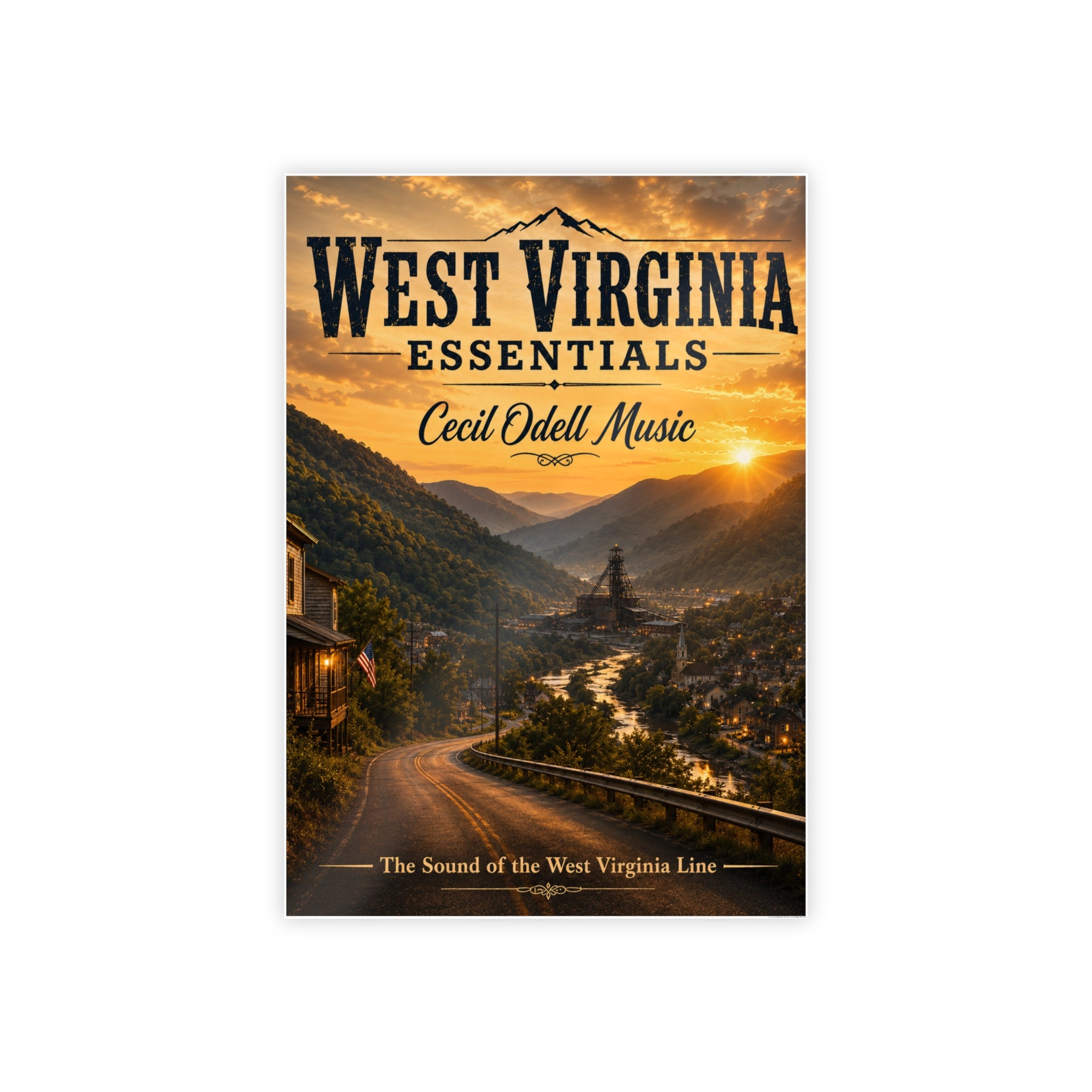 West Virginia Essentials Vintage Sunset Poster — Cecil Odell Music Scenic Wall Art