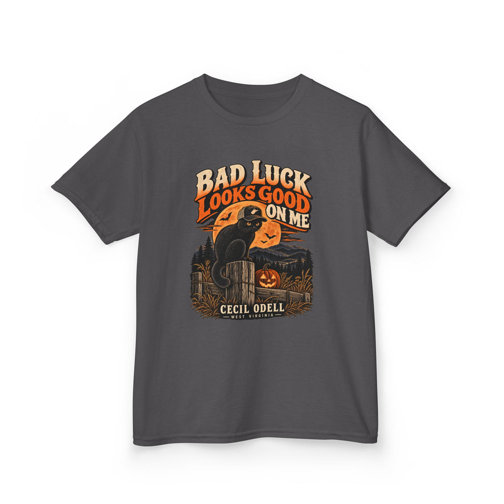 Bad Luck Looks Good on Me Kids Halloween Tee | Cecil Odell