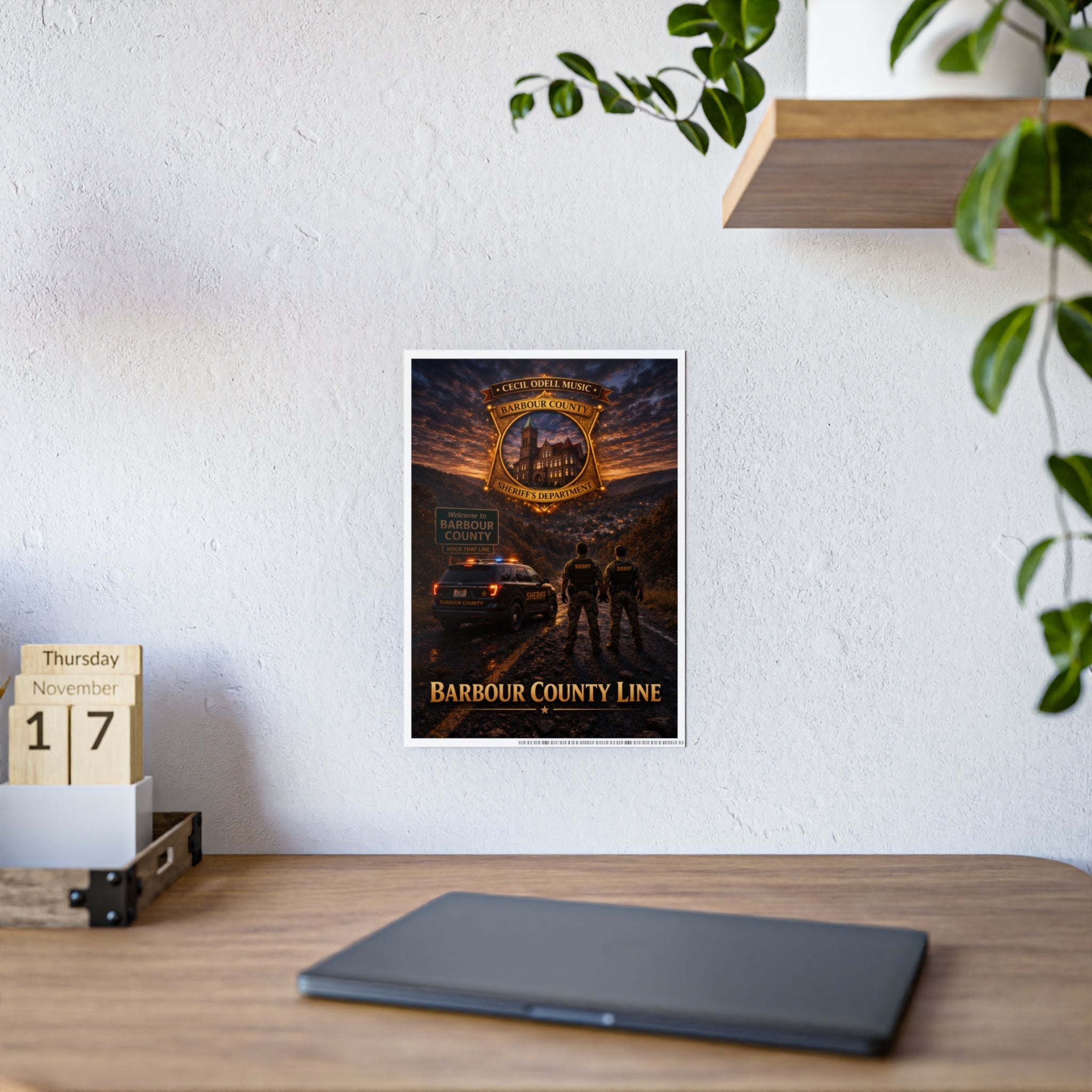 Barbour County Line Poster — Sheriff Badge & Patrol Nightscape Gloss Print - Cecil Odell Music