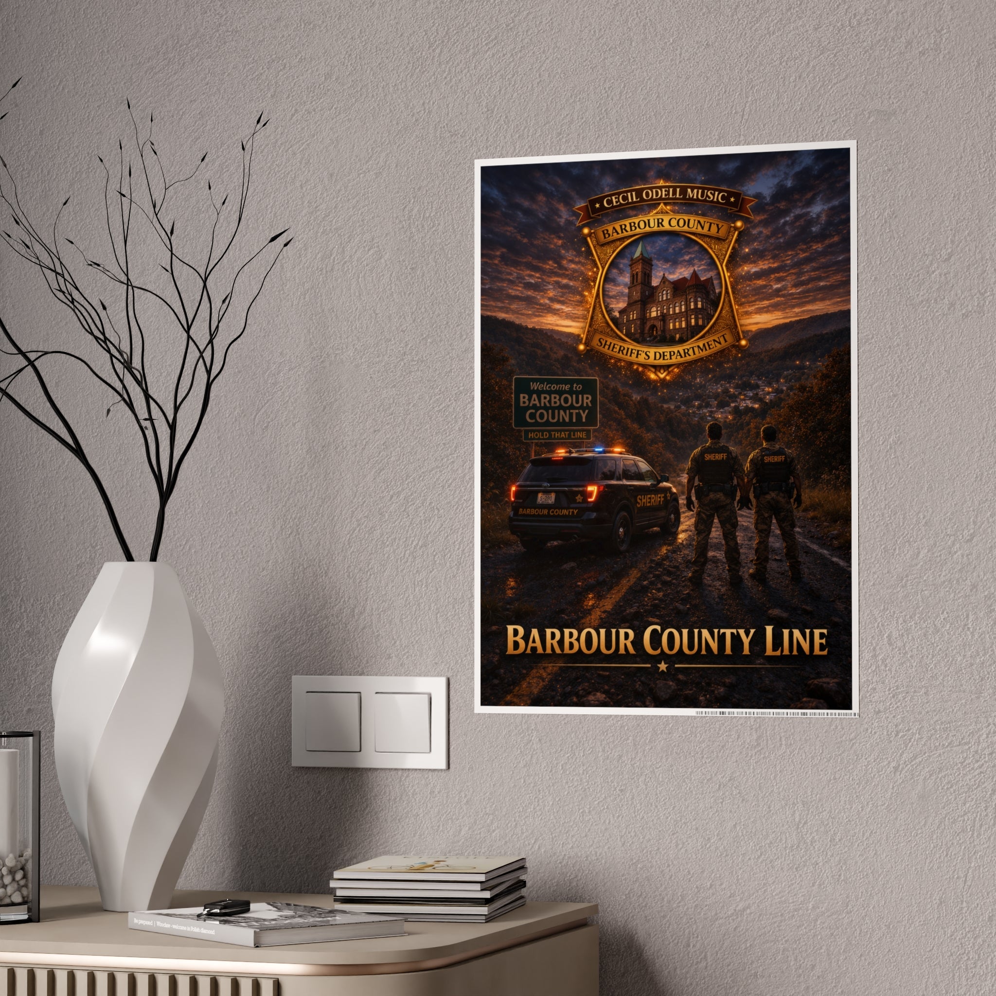 Barbour County Line Poster — Sheriff Badge & Patrol Nightscape Gloss Print - Cecil Odell Music