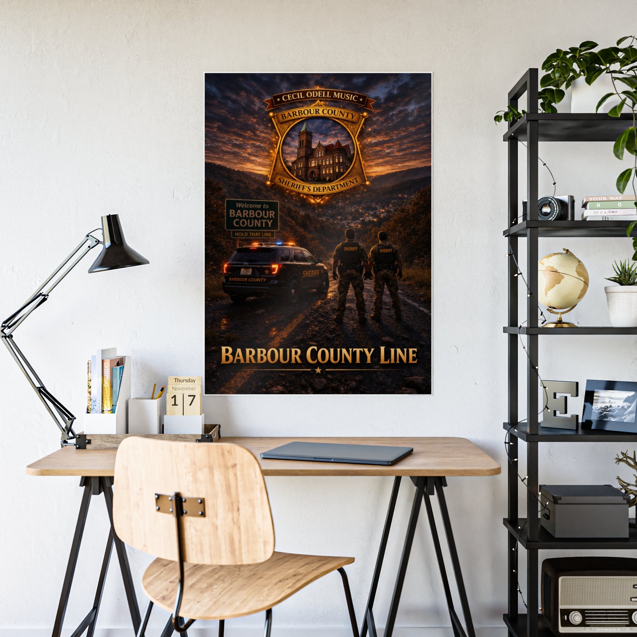 Barbour County Line Poster: Sheriff Badge & Patrol Nightscape Gloss Print - Cecil Odell Music