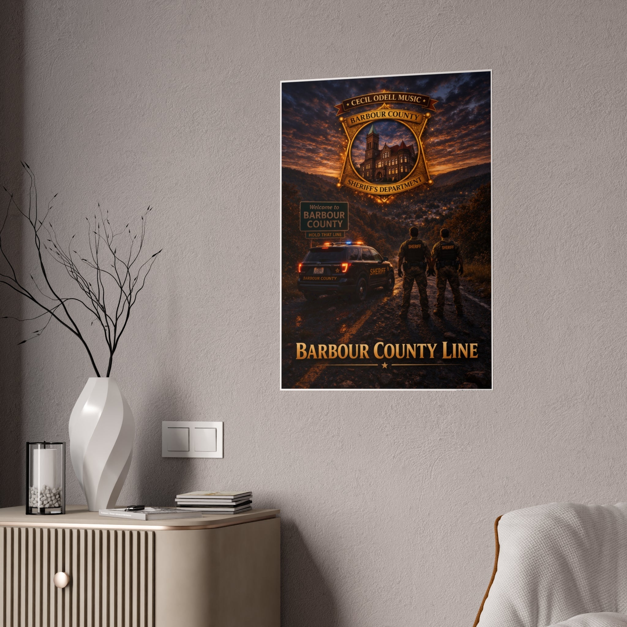 Barbour County Line Poster — Sheriff Badge & Patrol Nightscape Gloss Print - Cecil Odell Music