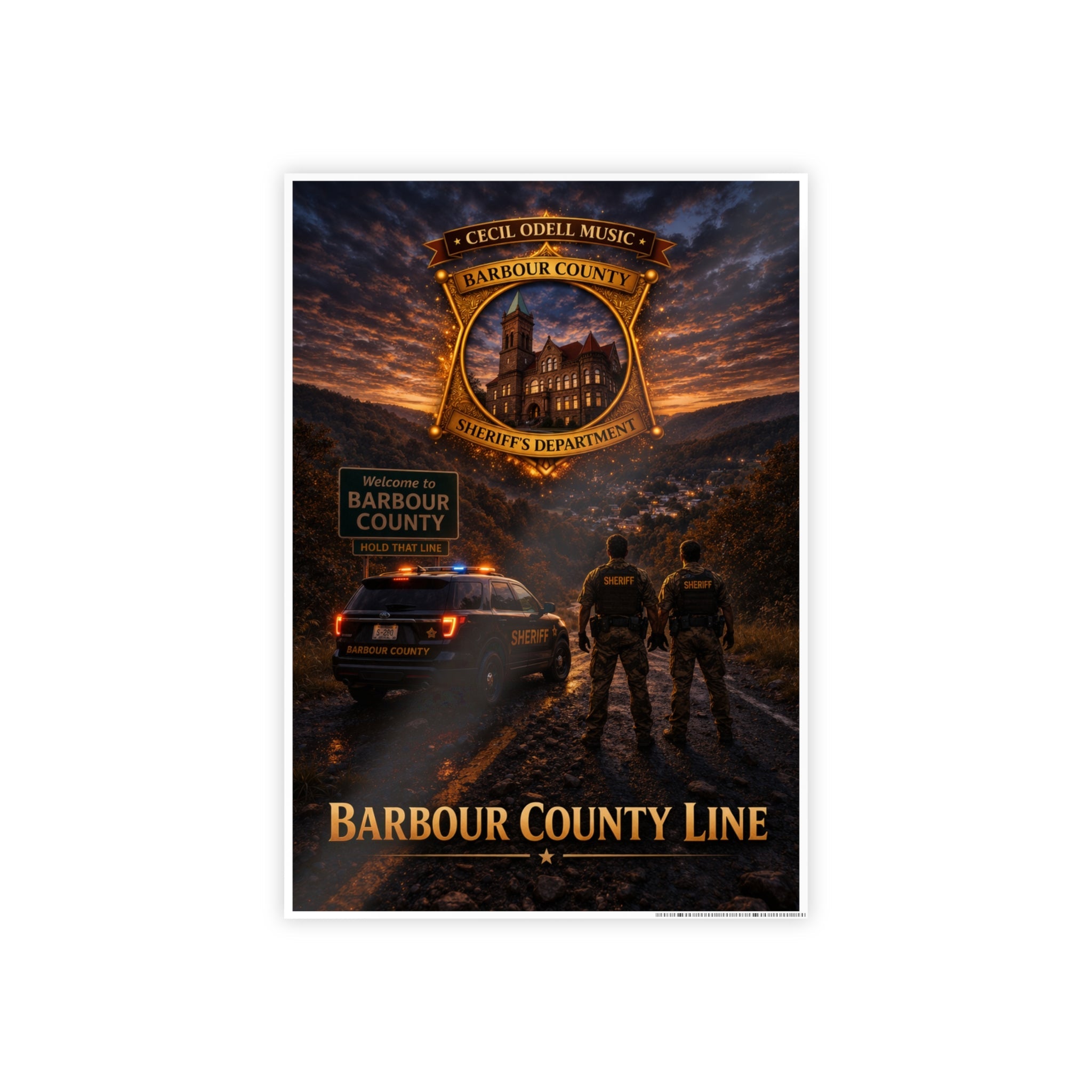 Barbour County Line Poster — Sheriff Badge & Patrol Nightscape Gloss Print - Cecil Odell Music