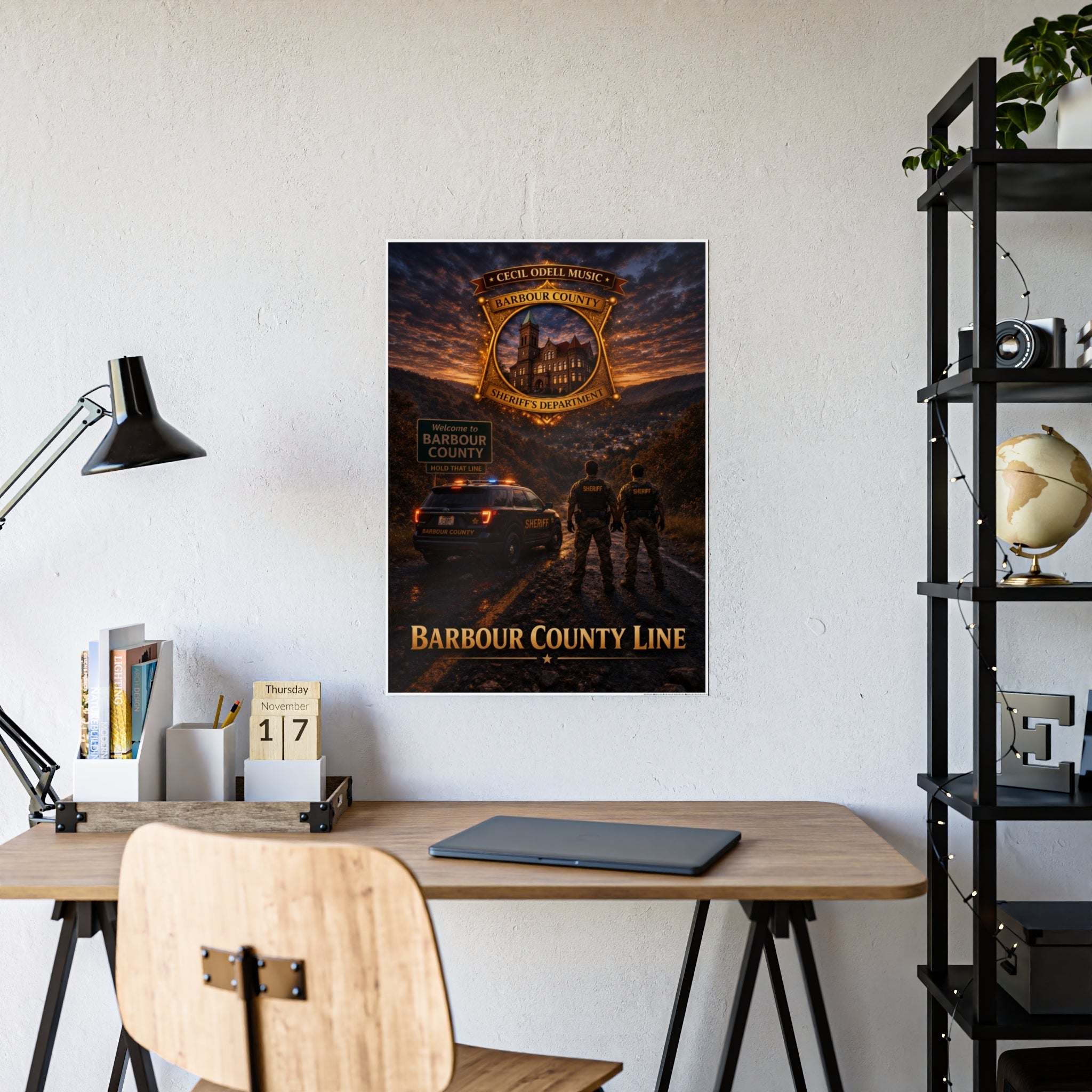 Barbour County Line Poster: Sheriff Badge & Patrol Nightscape Gloss Print - Cecil Odell Music