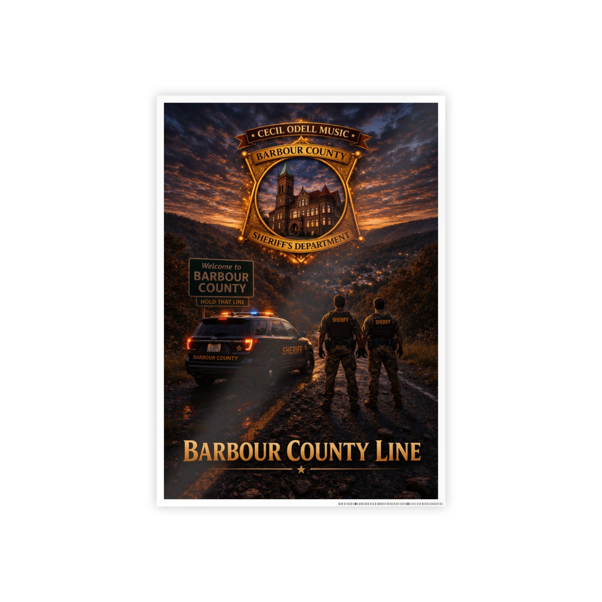Barbour County Line Poster — Sheriff Badge & Patrol Nightscape Gloss Print - Cecil Odell Music
