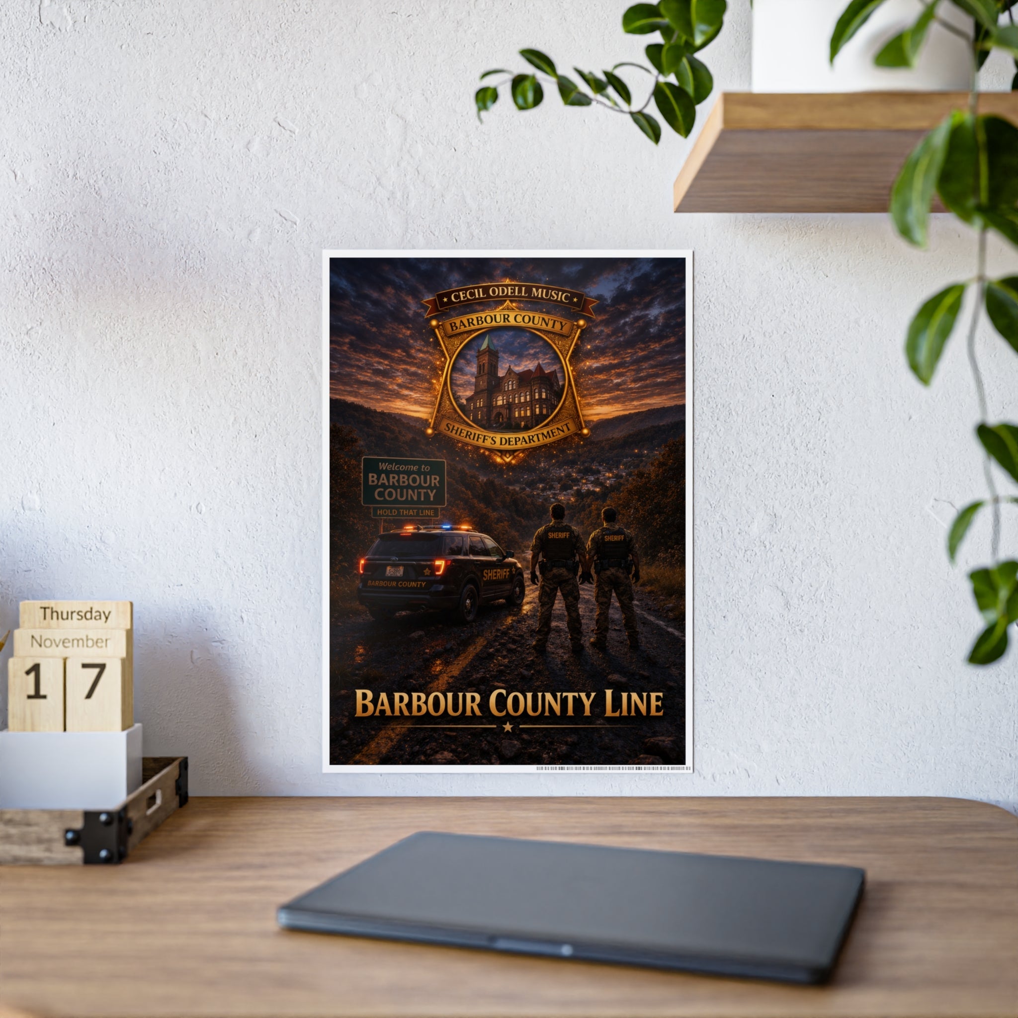 Barbour County Line Poster — Sheriff Badge & Patrol Nightscape Gloss Print - Cecil Odell Music