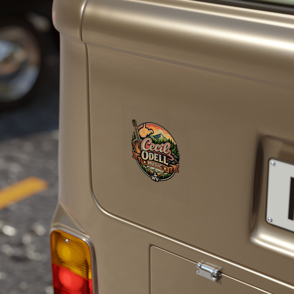 Cecil Odell Music Outdoor Sticker: Transparent Square Guitar & Mountain Logo - Cecil Odell Music