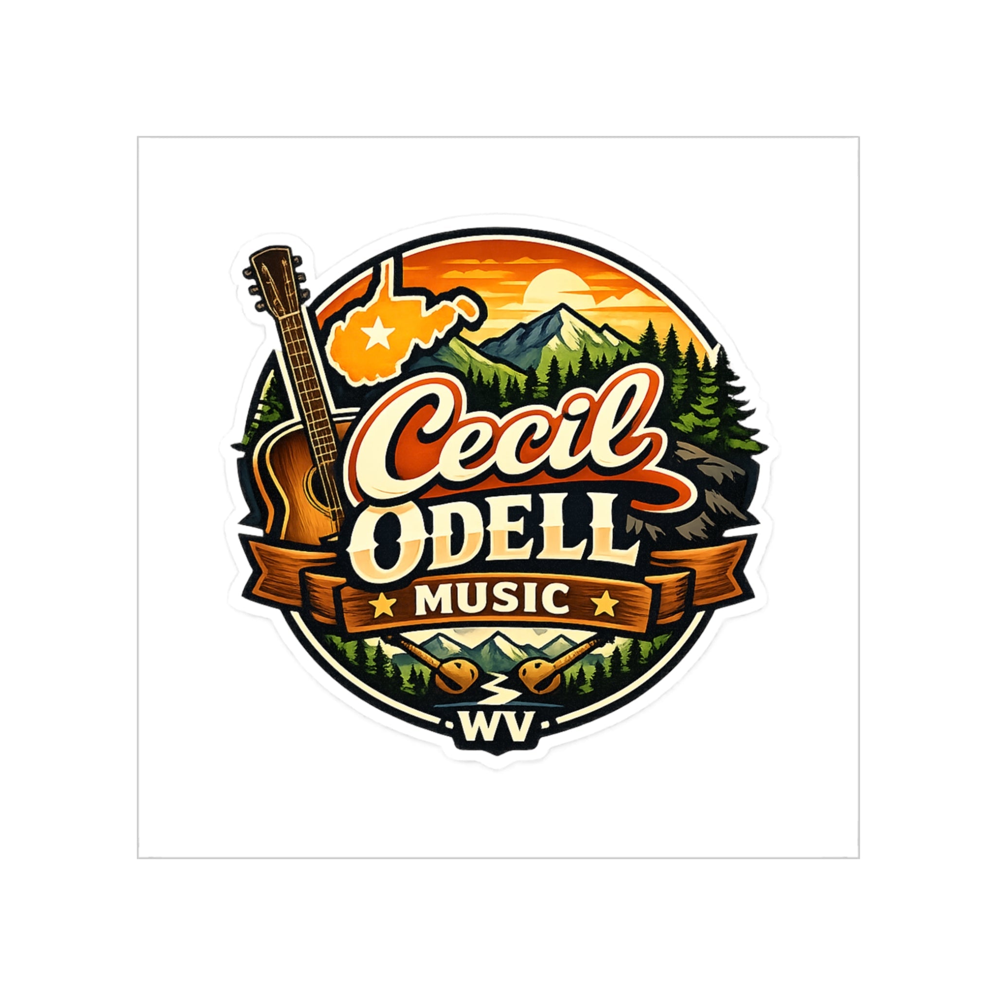 Cecil Odell Music Outdoor Sticker: Transparent Square Guitar & Mountain Logo - Cecil Odell Music
