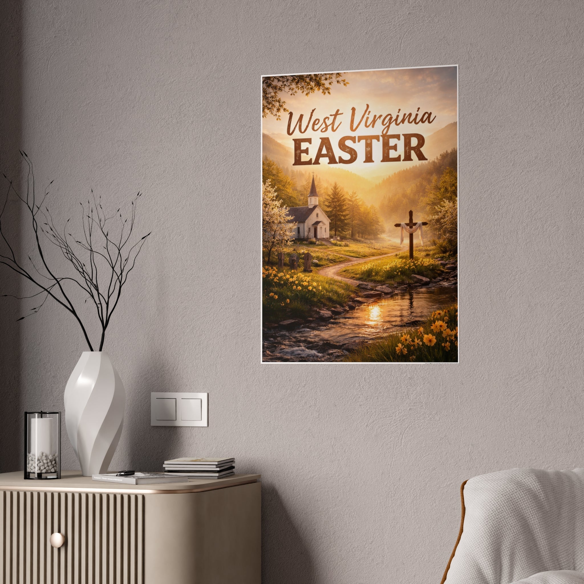 Easter Gloss Poster: "West Virginia Easter" Church & Cross Landscape Print - Cecil Odell Music