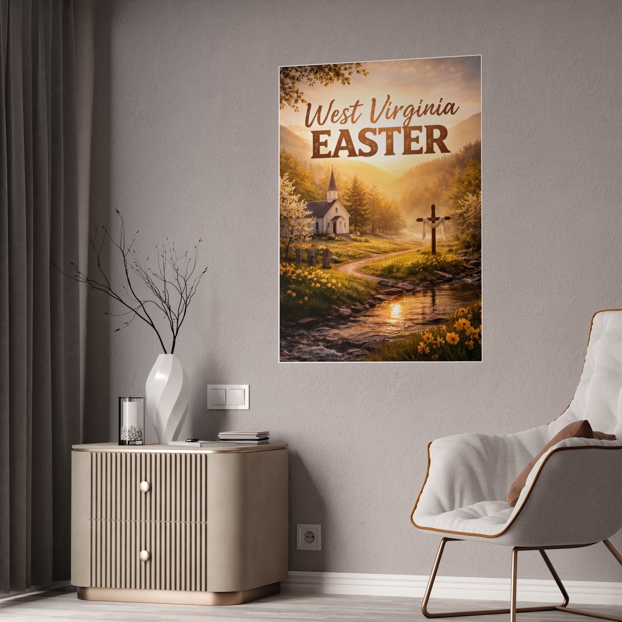 Easter Gloss Poster: "West Virginia Easter" Church & Cross Landscape Print - Cecil Odell Music