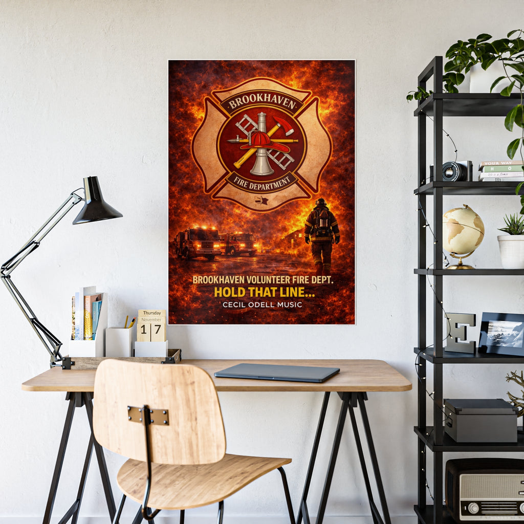 Fire Department Poster: "Brookhaven Volunteer Fire Dept. Hold That Line" Gloss Print - Cecil Odell Music