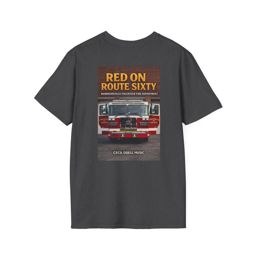 Fire Truck Graphic T-Shirt: “Red on Route Sixty” Front Patch & Back Rescue Design - Cecil Odell Music
