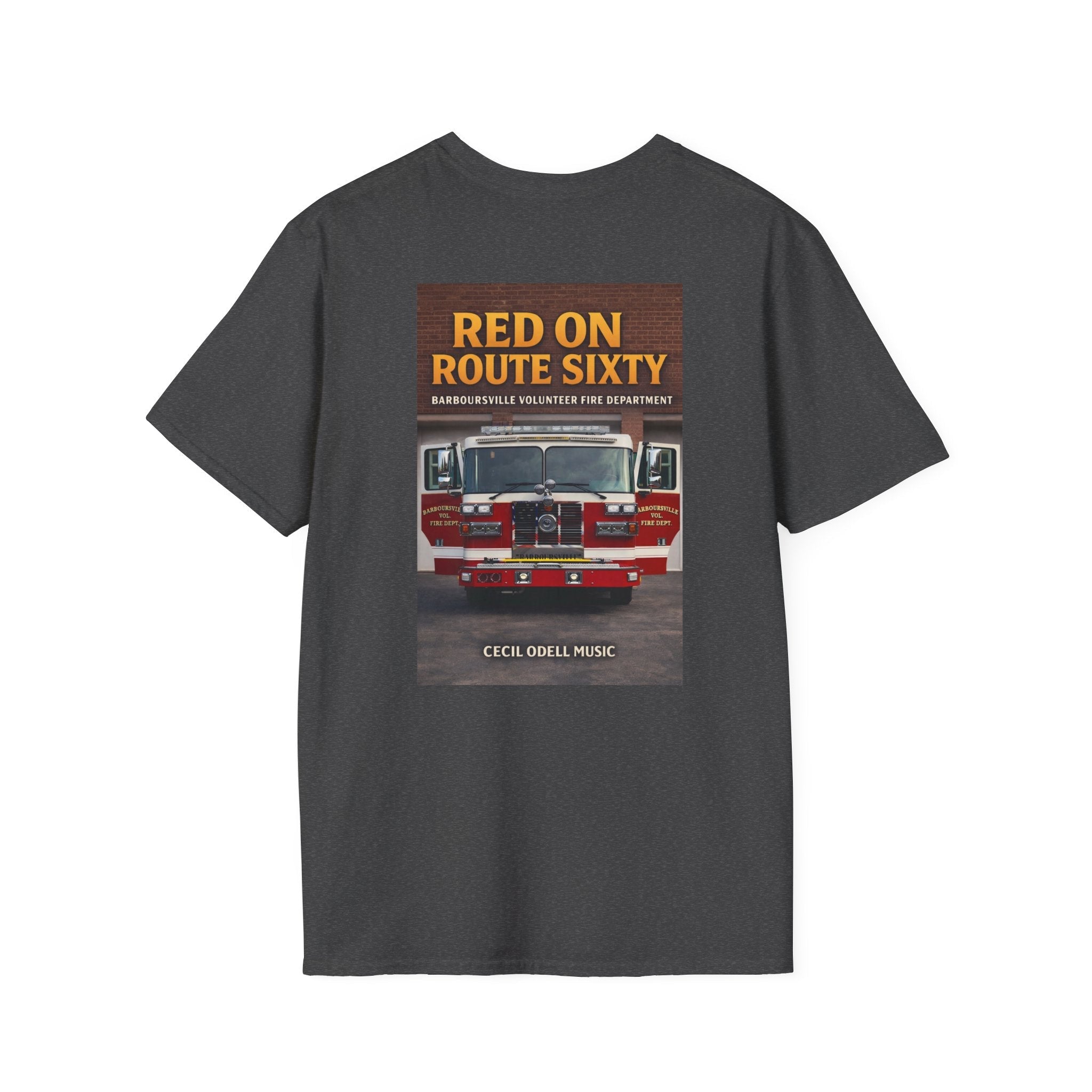 Fire Truck Graphic T-Shirt: “Red on Route Sixty” Front Patch & Back Rescue Design - Cecil Odell Music