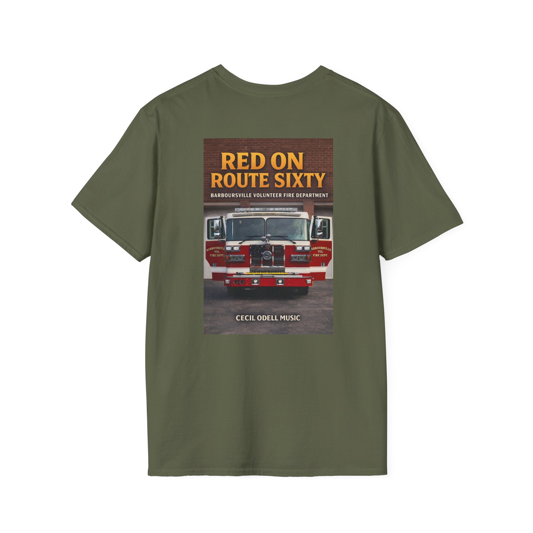 Fire Truck Graphic T-Shirt: “Red on Route Sixty” Front Patch & Back Rescue Design - Cecil Odell Music