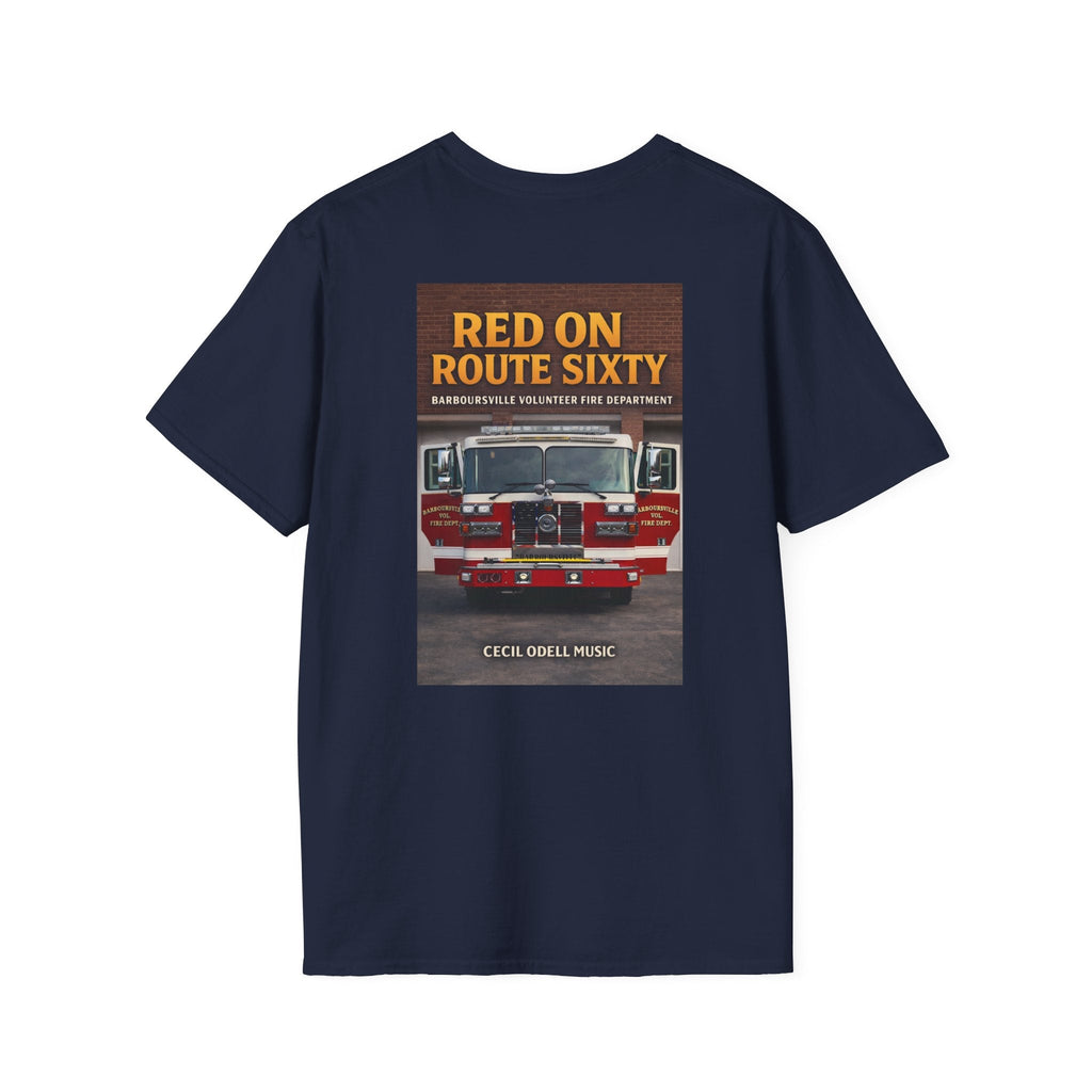 Fire Truck Graphic T-Shirt: “Red on Route Sixty” Front Patch & Back Rescue Design - Cecil Odell Music