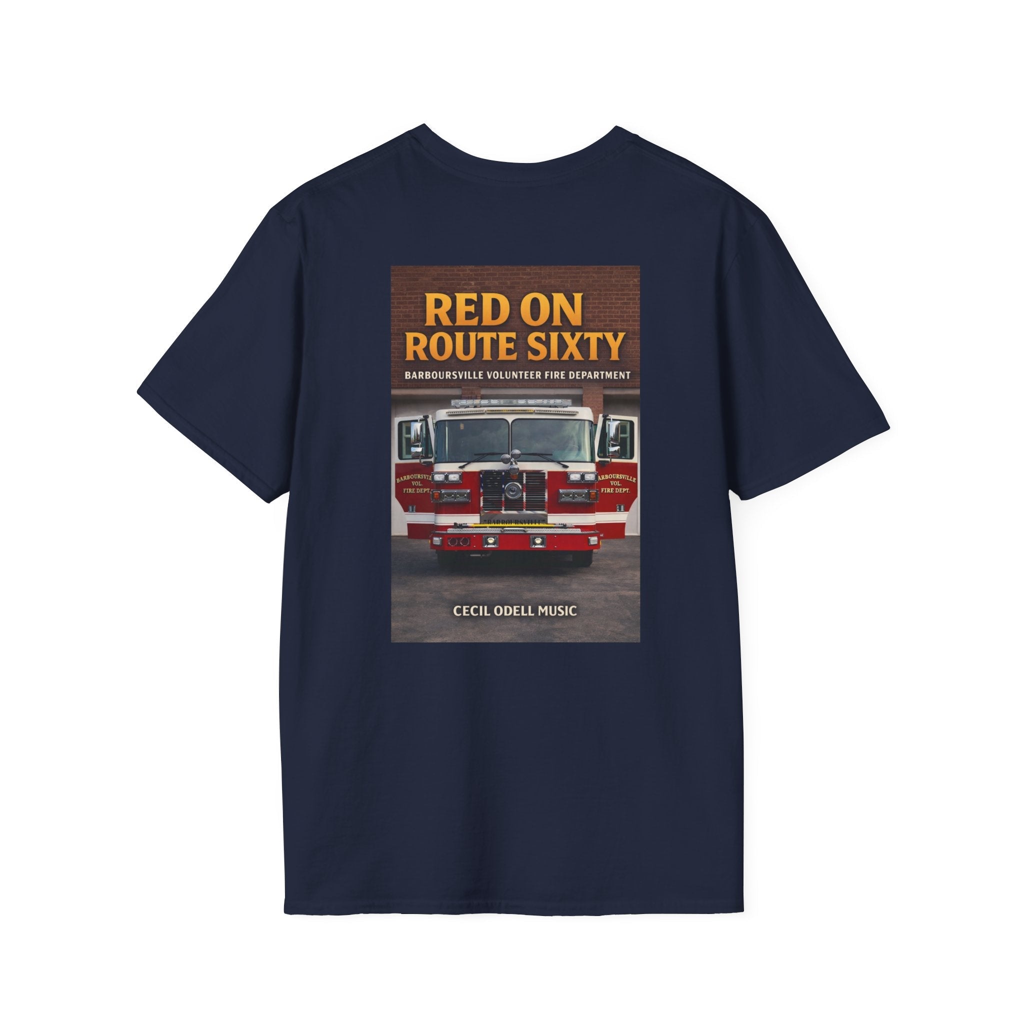 Fire Truck Graphic T-Shirt: “Red on Route Sixty” Front Patch & Back Rescue Design - Cecil Odell Music