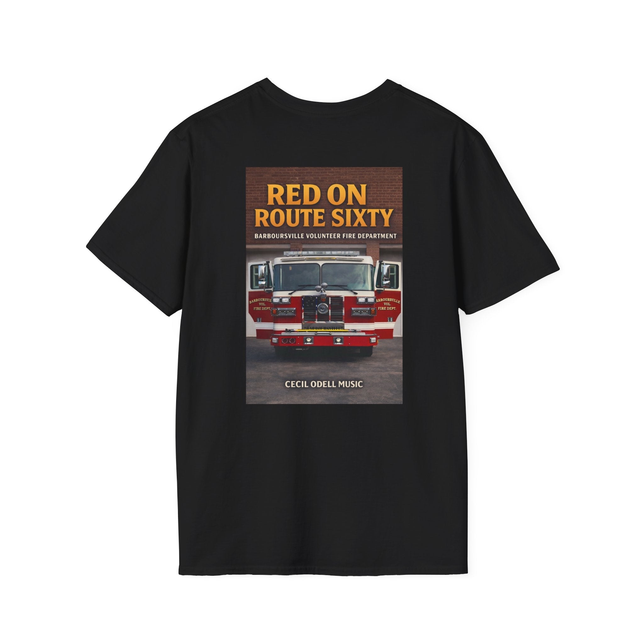 Fire Truck Graphic T-Shirt: “Red on Route Sixty” Front Patch & Back Rescue Design - Cecil Odell Music
