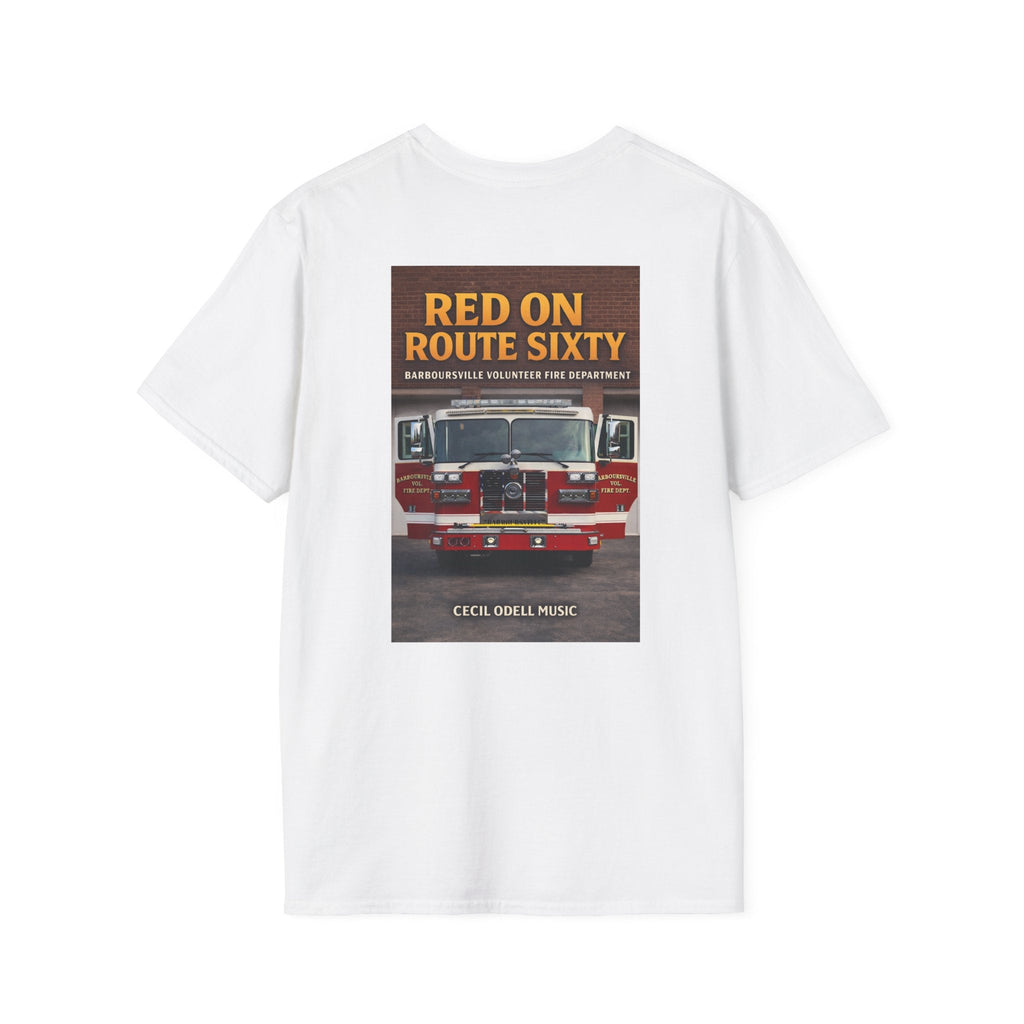 Fire Truck Graphic T-Shirt: “Red on Route Sixty” Front Patch & Back Rescue Design - Cecil Odell Music