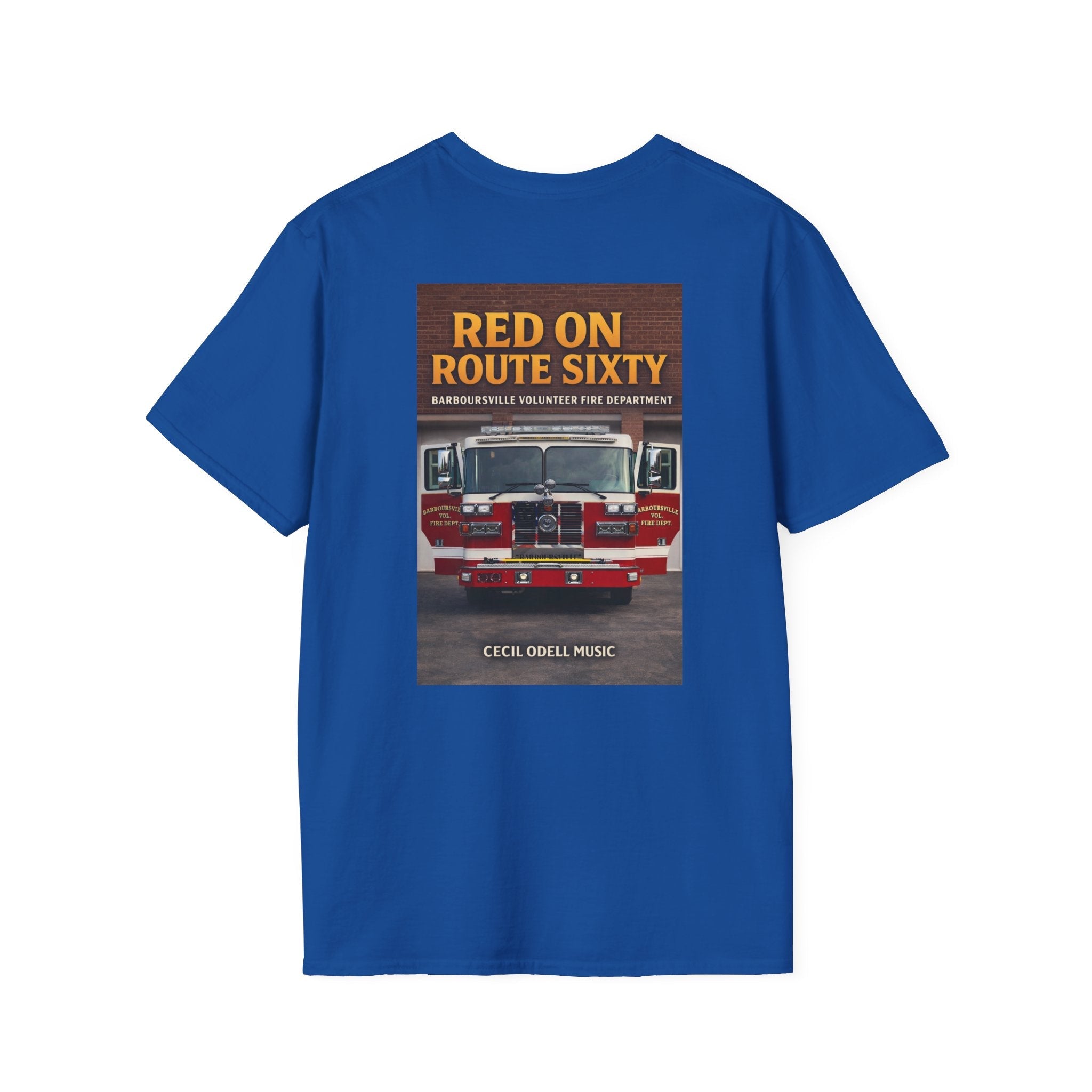 Fire Truck Graphic T-Shirt: “Red on Route Sixty” Front Patch & Back Rescue Design - Cecil Odell Music