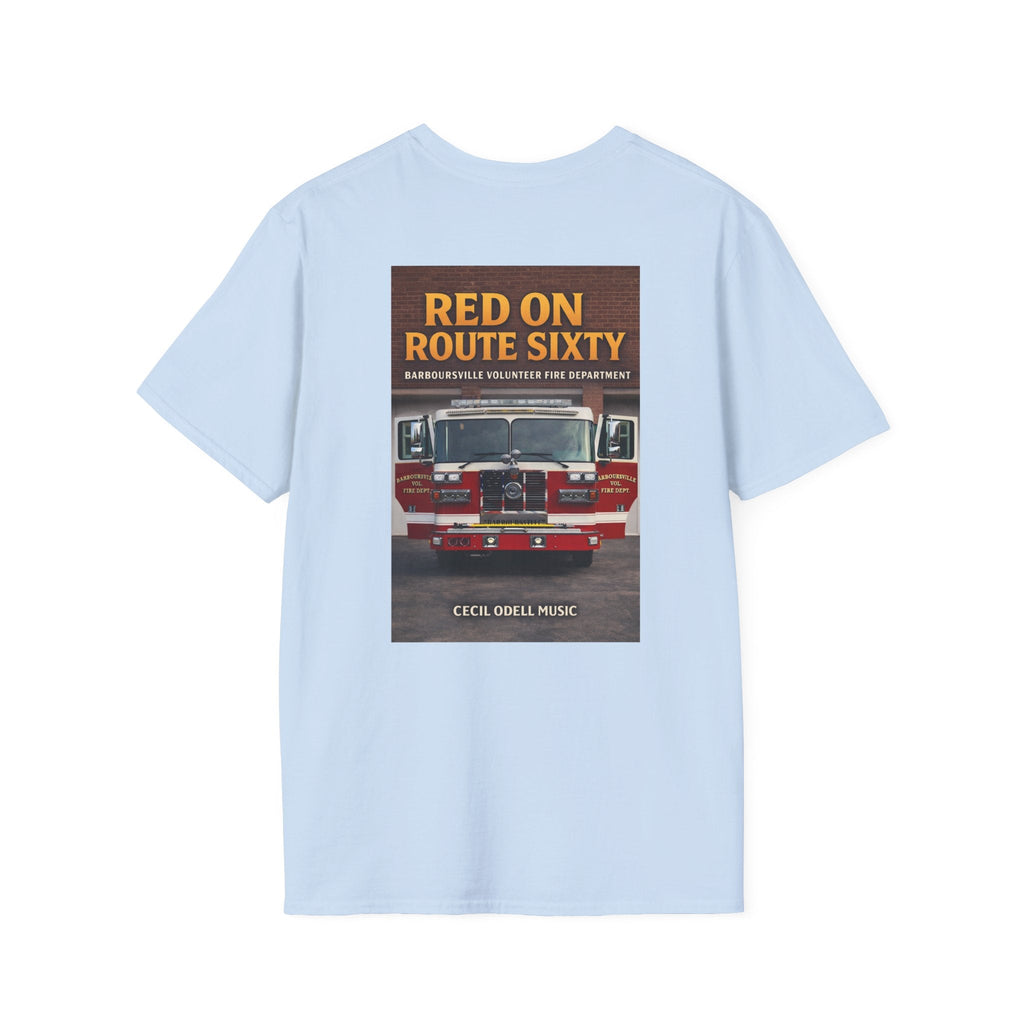 Fire Truck Graphic T-Shirt: “Red on Route Sixty” Front Patch & Back Rescue Design - Cecil Odell Music