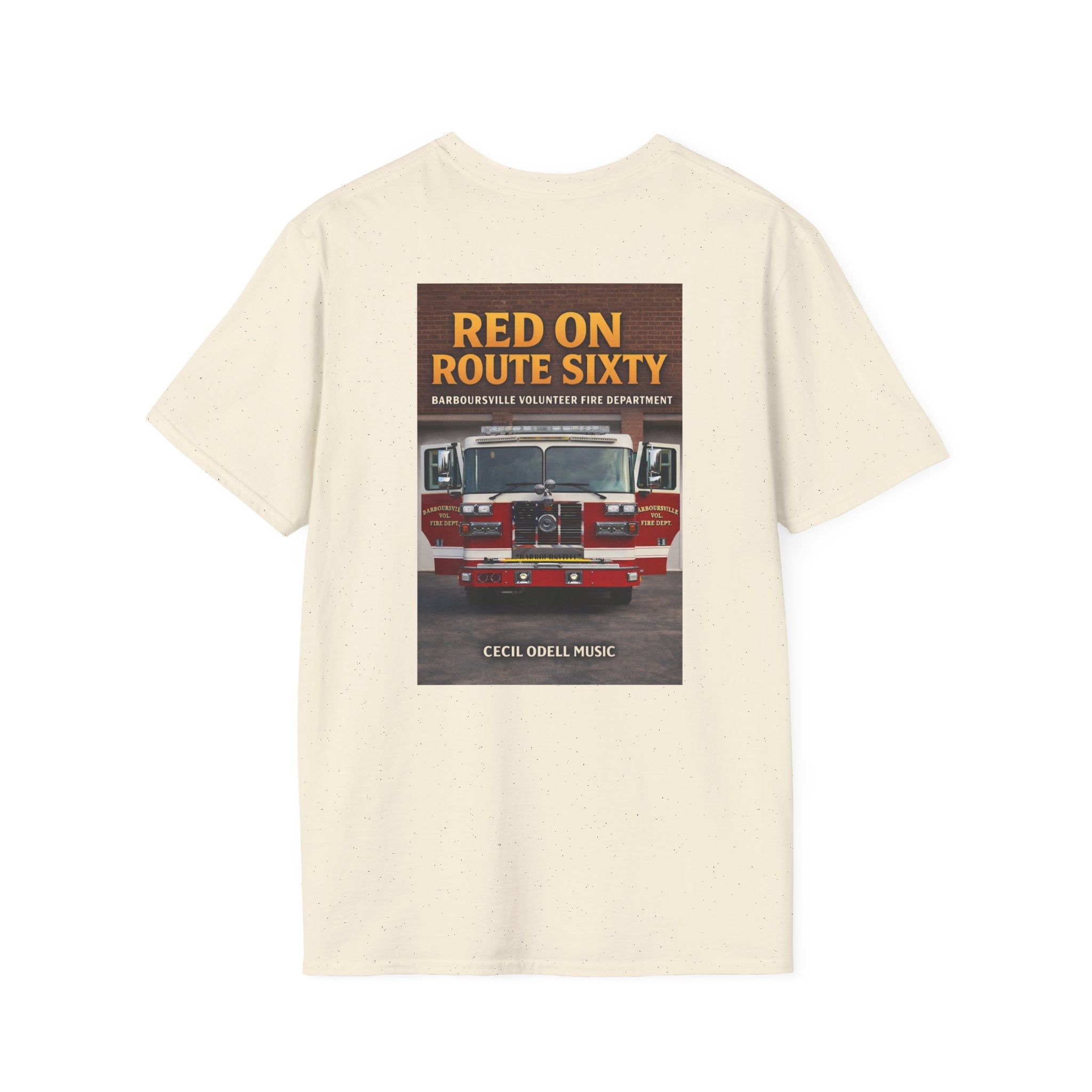 Fire Truck Graphic T-Shirt: “Red on Route Sixty” Front Patch & Back Rescue Design - Cecil Odell Music