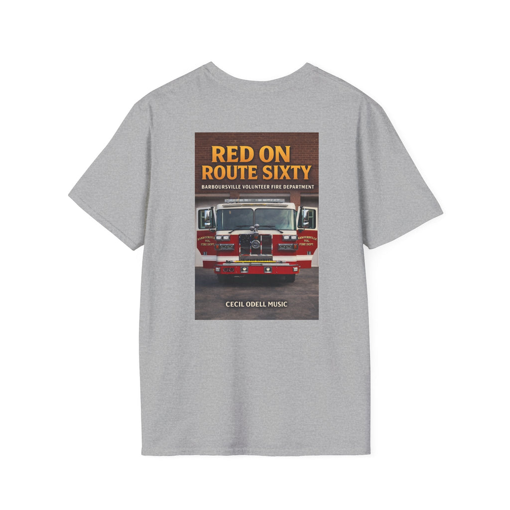 Fire Truck Graphic T-Shirt: “Red on Route Sixty” Front Patch & Back Rescue Design - Cecil Odell Music