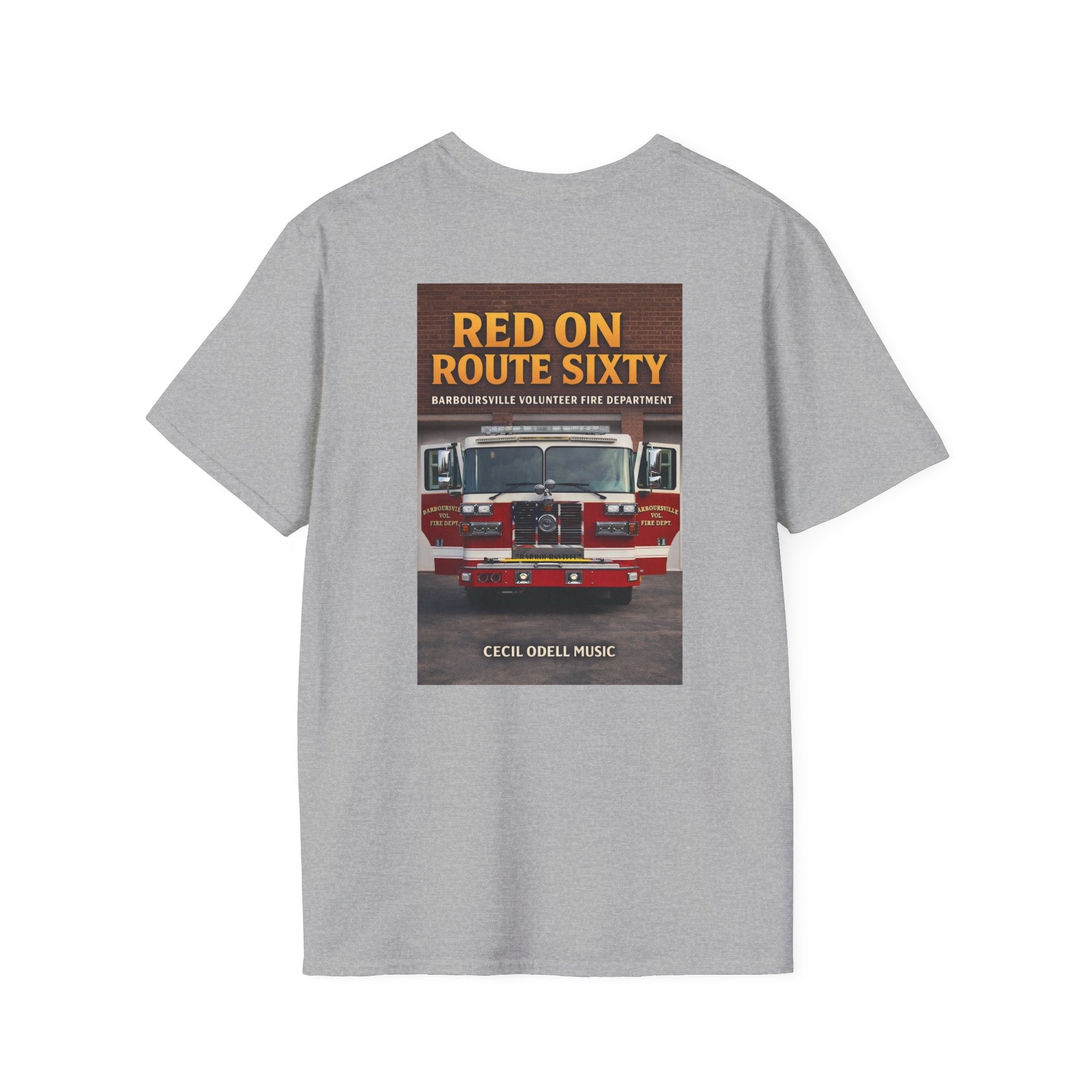 Fire Truck Graphic T-Shirt: “Red on Route Sixty” Front Patch & Back Rescue Design - Cecil Odell Music