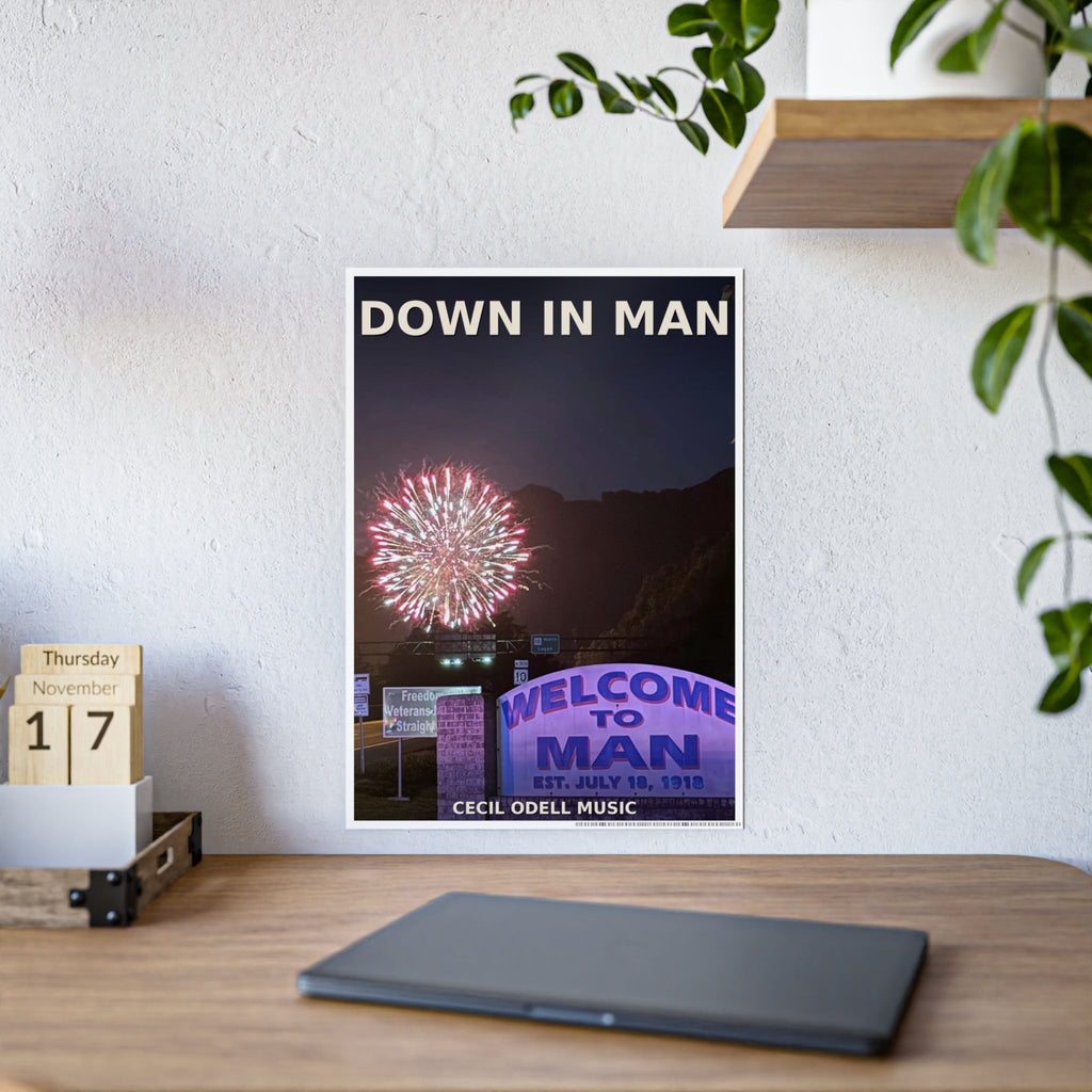 Gloss Poster - 'Down in Man' Fireworks Welcome Sign Travel Art Print - Cecil Odell Music
