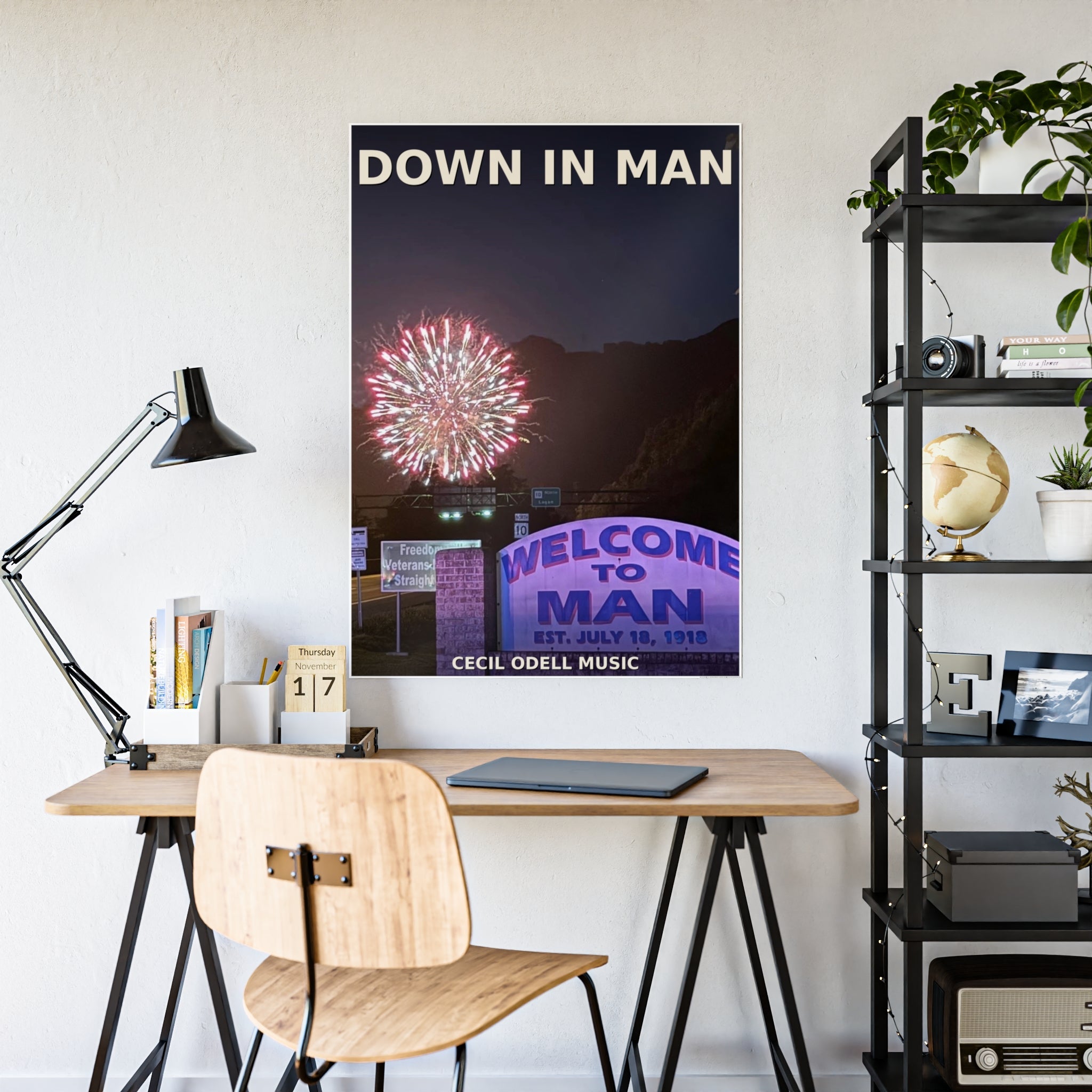 Gloss Poster - 'Down in Man' Fireworks Welcome Sign Travel Art Print - Cecil Odell Music