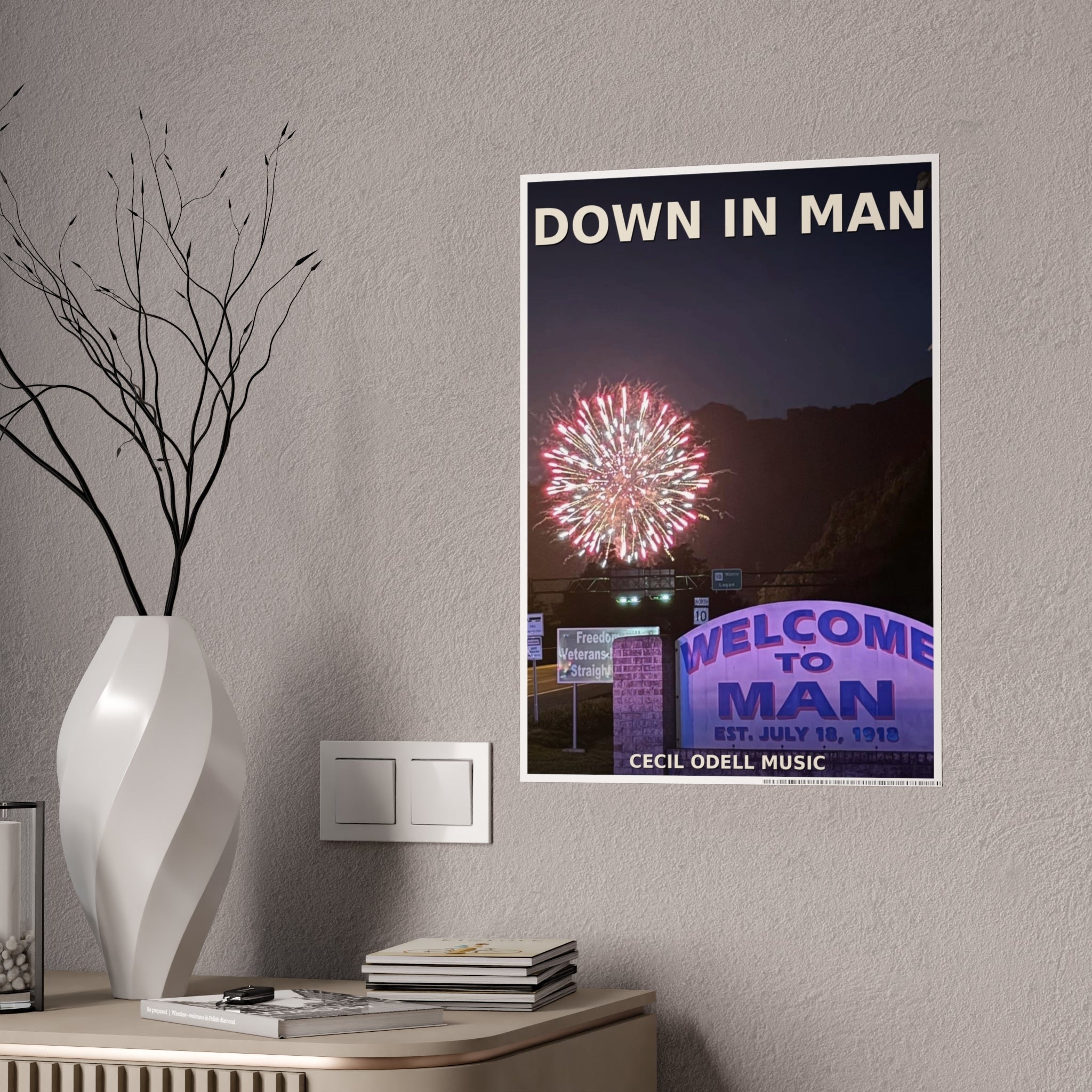Gloss Poster - 'Down in Man' Fireworks Welcome Sign Travel Art Print - Cecil Odell Music