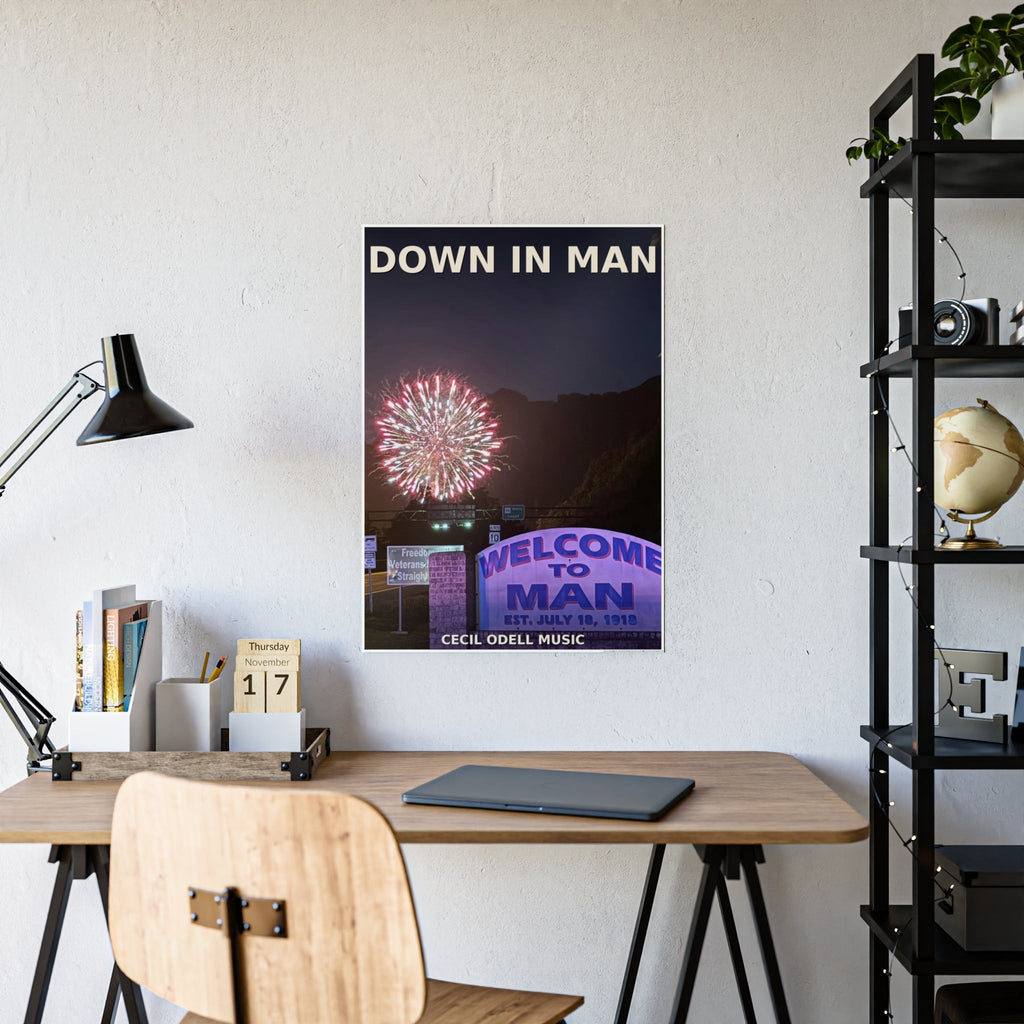 Gloss Poster - 'Down in Man' Fireworks Welcome Sign Travel Art Print - Cecil Odell Music